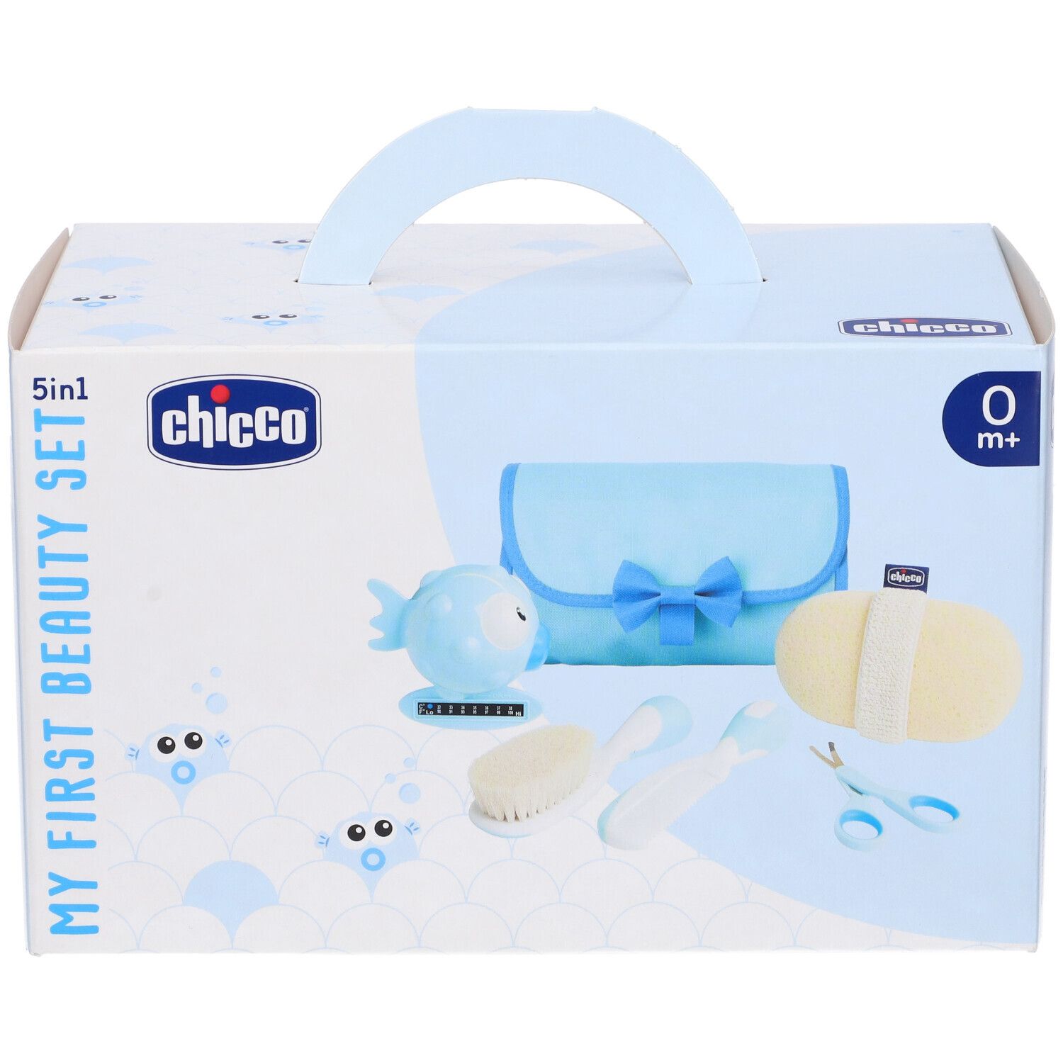 Set Chicco Igiene Azzurro. Set 5 pezzi in scatola. Include pochette, spugna, spazzola, forbici e termometro a forma di pesce.