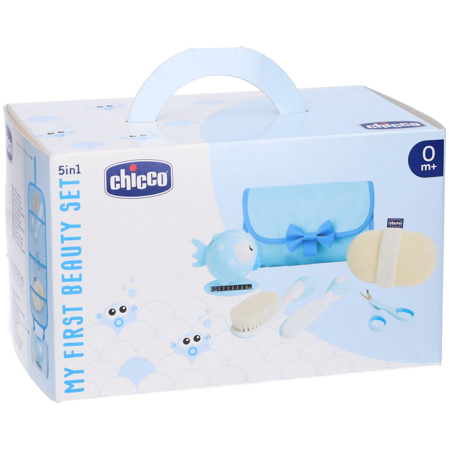 Set Chicco Igiene Azzurro. Scatola con 5 pezzi. Include pochette, spugna, spazzola, forbici e termometro a forma di pesce. Marchio Chicco.