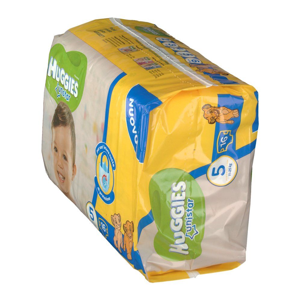 Confezione di pannolini Huggies Unistar, taglia 5, 16 pezzi. Confezione gialla e trasparente con volto di bambino e logo.