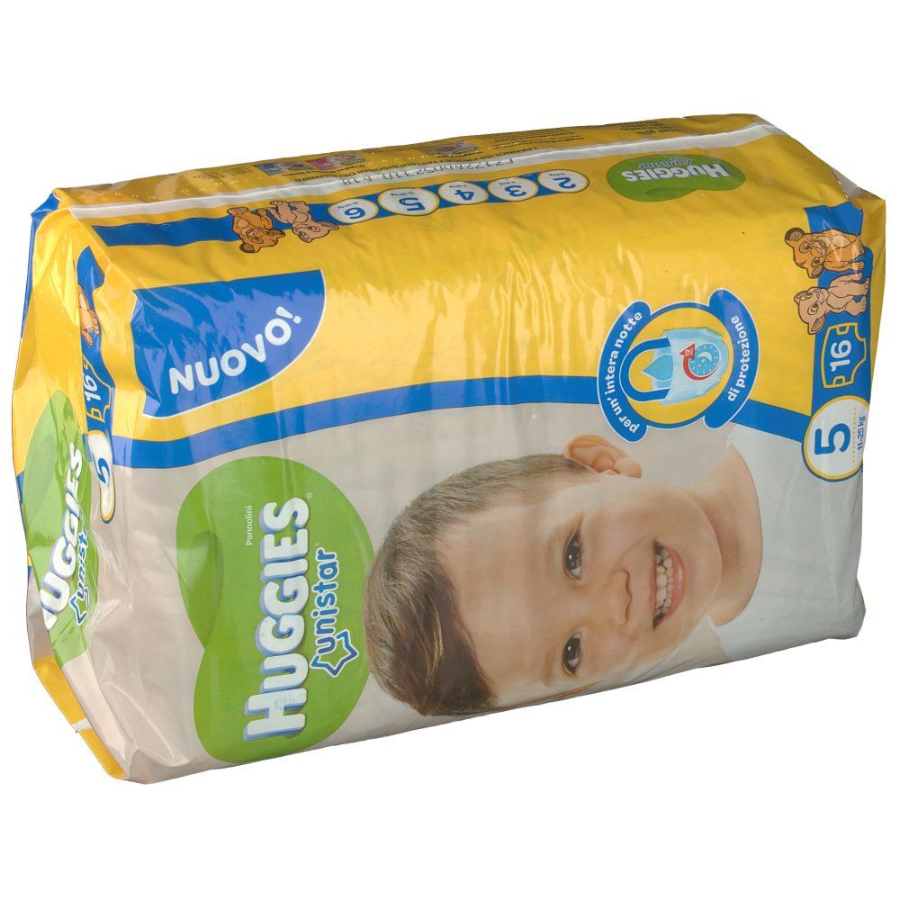 Confezione di pannolini Huggies Unistar, taglia 5, 16 pezzi. Confezione gialla con volto di bambino e logo. Scritta 'NUOVO!'