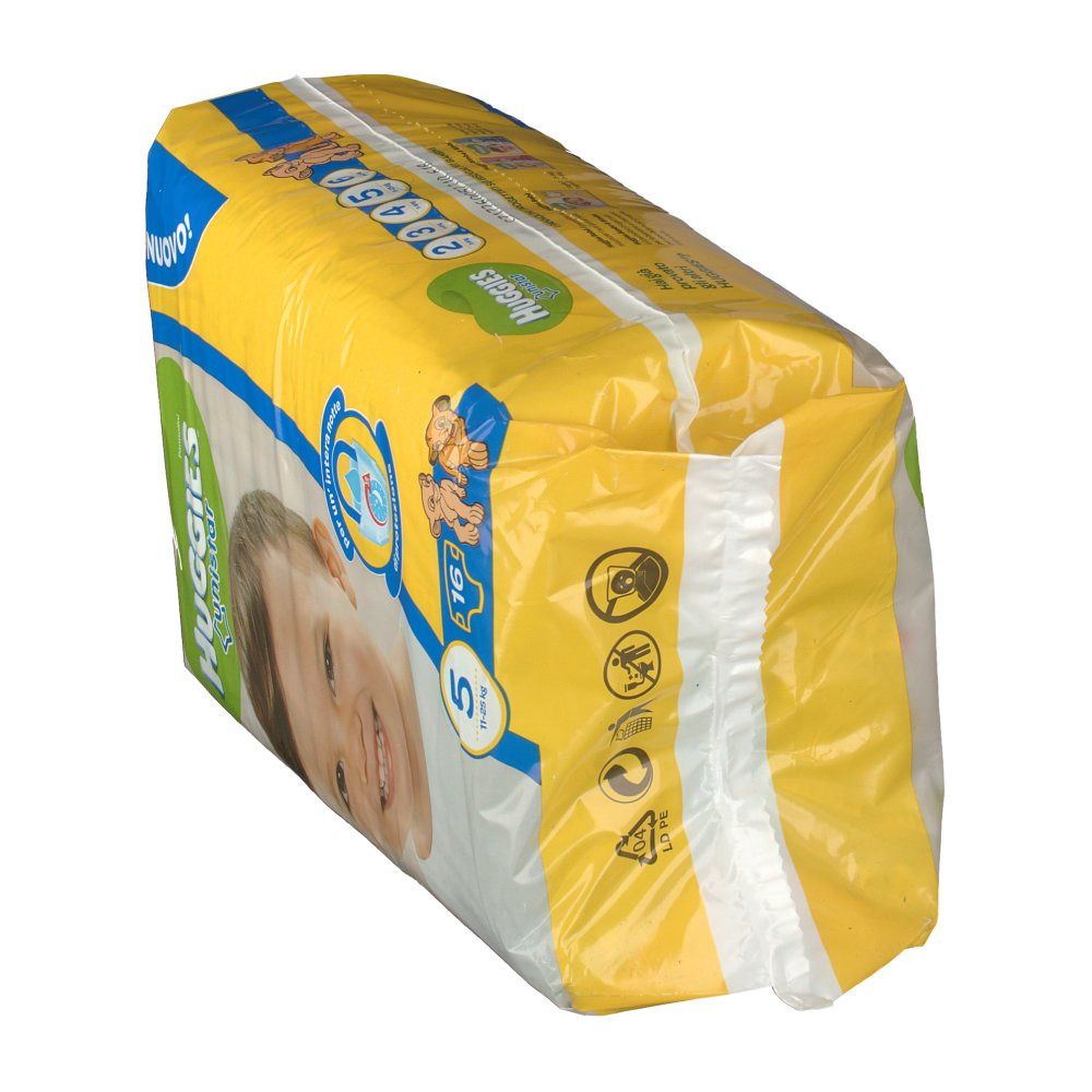 Confezione di pannolini Huggies Unistar, taglia 5, 16 pezzi. Confezione gialla con volto di bambino e logo. Scritta 'NUOVO!'