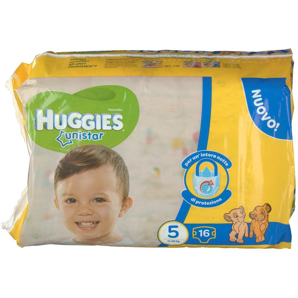 Confezione di pannolini Huggies Unistar, taglia 5, 16 pezzi. Confezione gialla con volto di bambino e logo. Scritta 'NUOVO!'