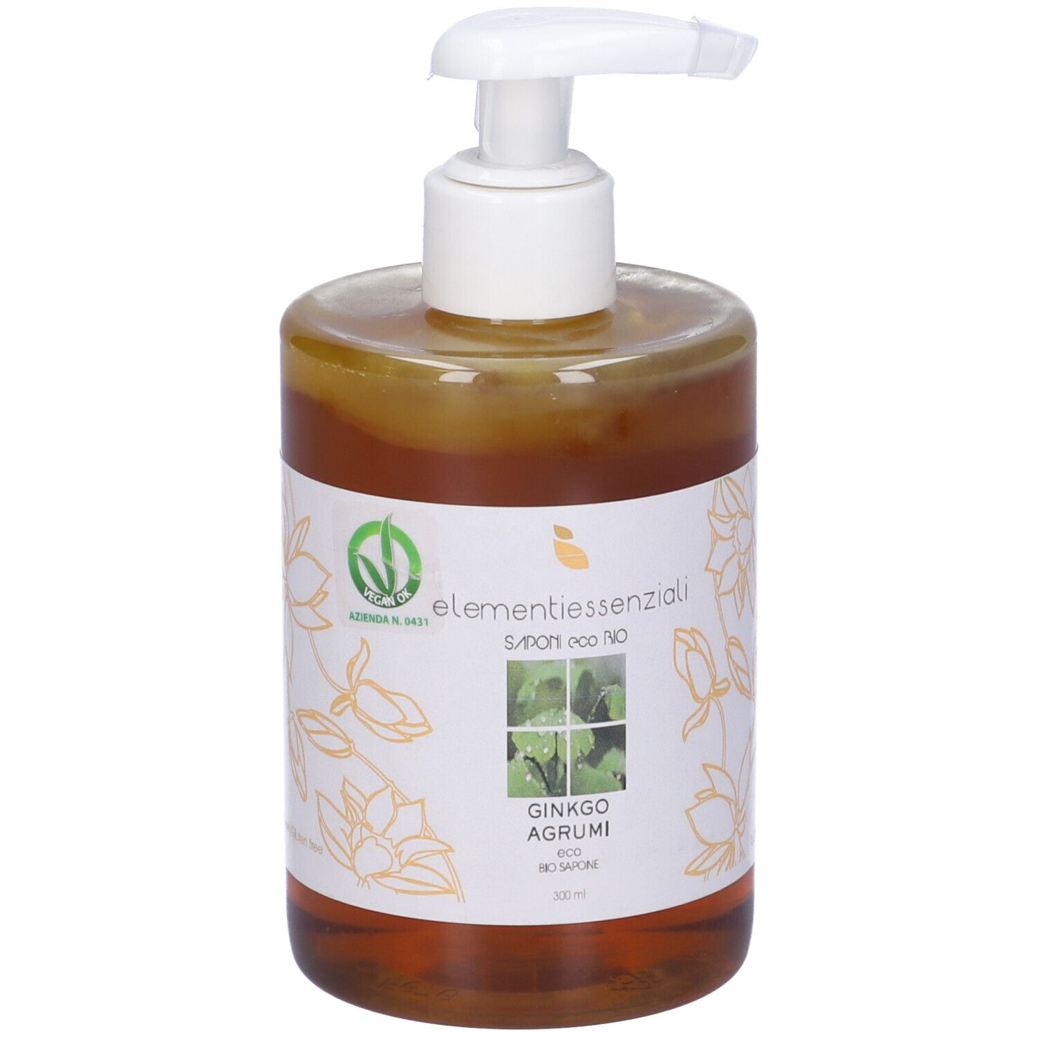 Sapone liquido marrone in flacone trasparente con dosatore bianco. Scritta: Elementi Essenziali, Ginkgo Agrumi.