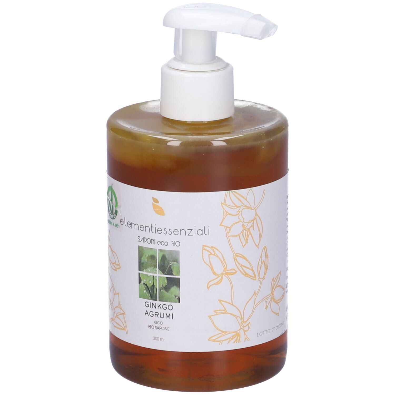 Sapone liquido marrone in flacone trasparente con dosatore bianco. Scritta: Elementi Essenziali, Ginkgo Agrumi.