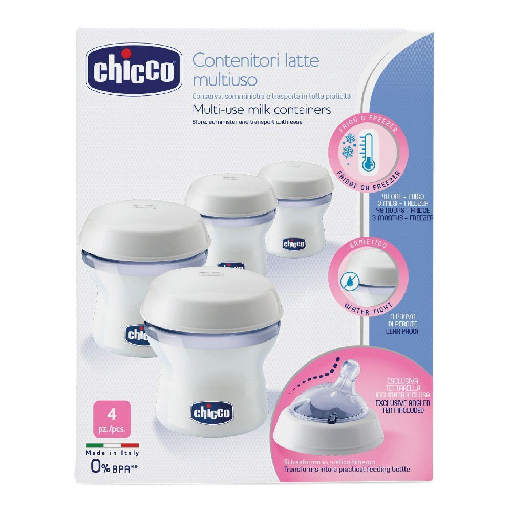 Confezione Chicco con quattro contenitori latte multiuso. Informazioni su conservazione e trasporto. Senza BPA.