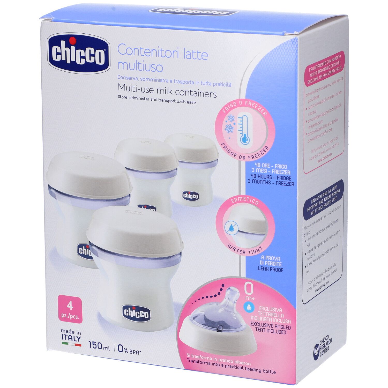 Scatola di contenitori per latte Chicco. Quattro contenitori bianchi con coperchi. Informazioni su conservazione e trasporto.