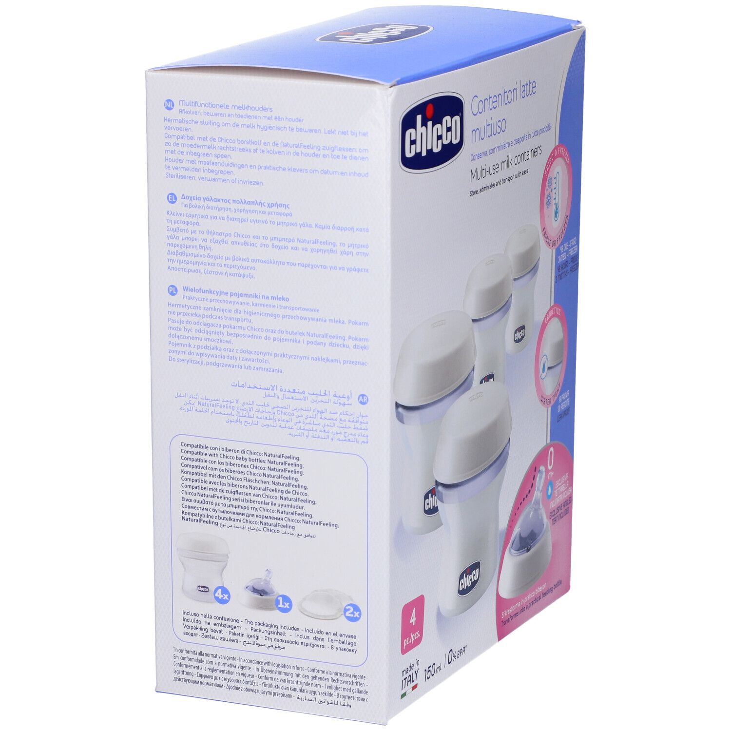 Retro della confezione Chicco con informazioni sul prodotto. Contiene illustrazioni dei contenitori e accessori.