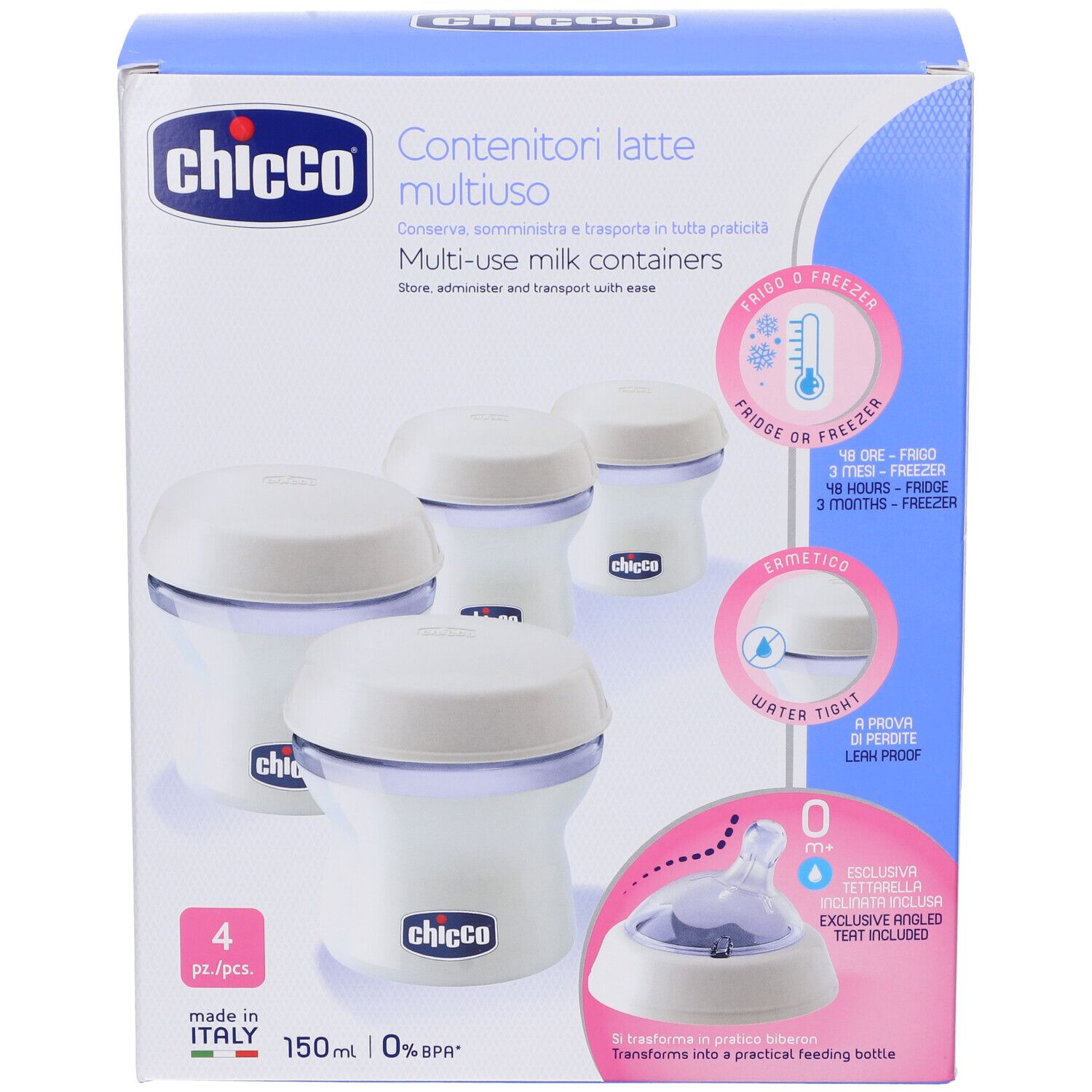 Confezione Chicco con quattro contenitori latte multiuso. Informazioni su conservazione e trasporto. Senza BPA.