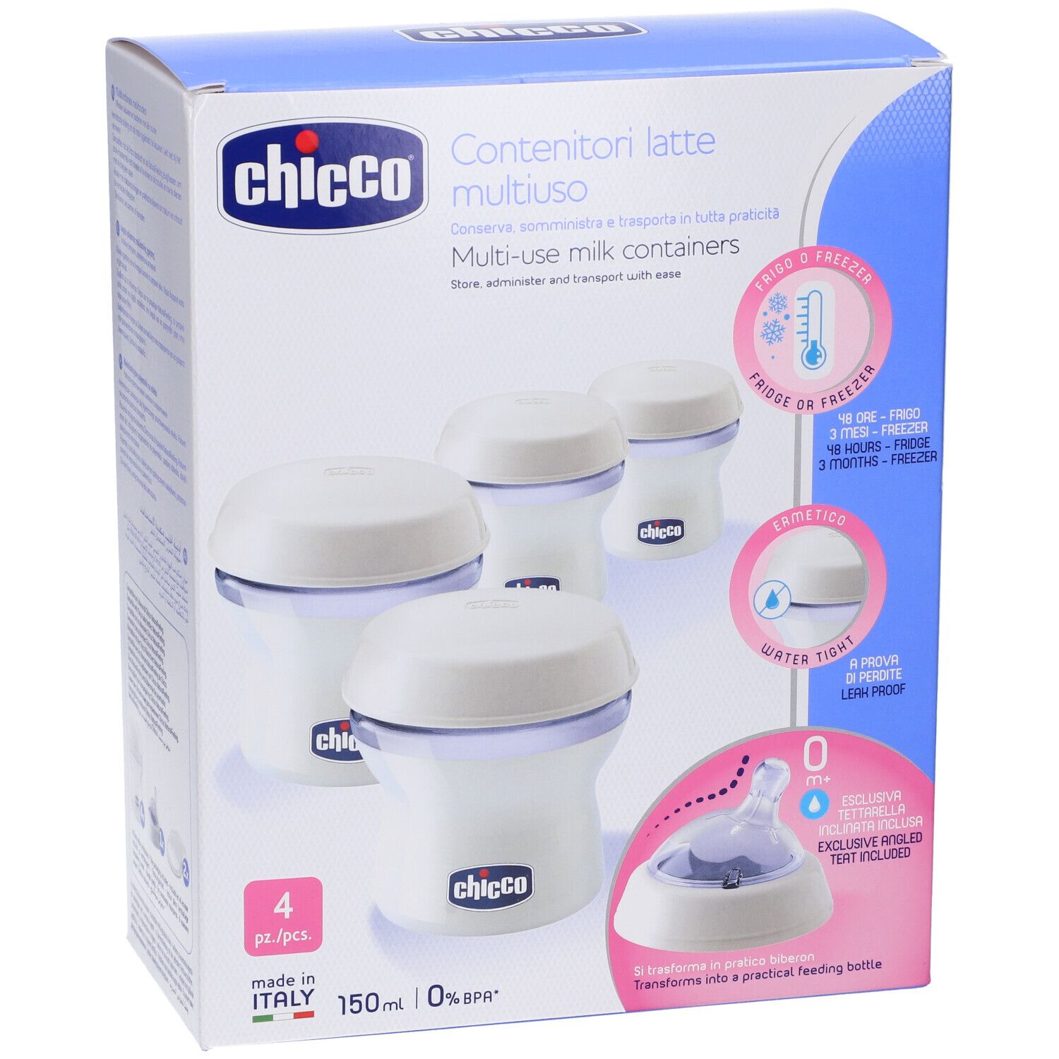 Confezione Chicco con quattro contenitori latte multiuso. Informazioni su conservazione e trasporto. Senza BPA.