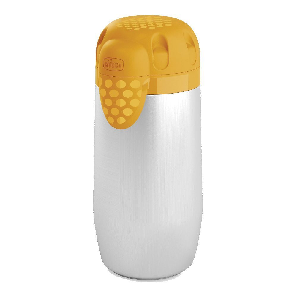 Thermoflaschenhalter, weiß und gelb. Gelber Deckel mit Griff. Weißer, zylindrischer Körper. Marke Chicco.