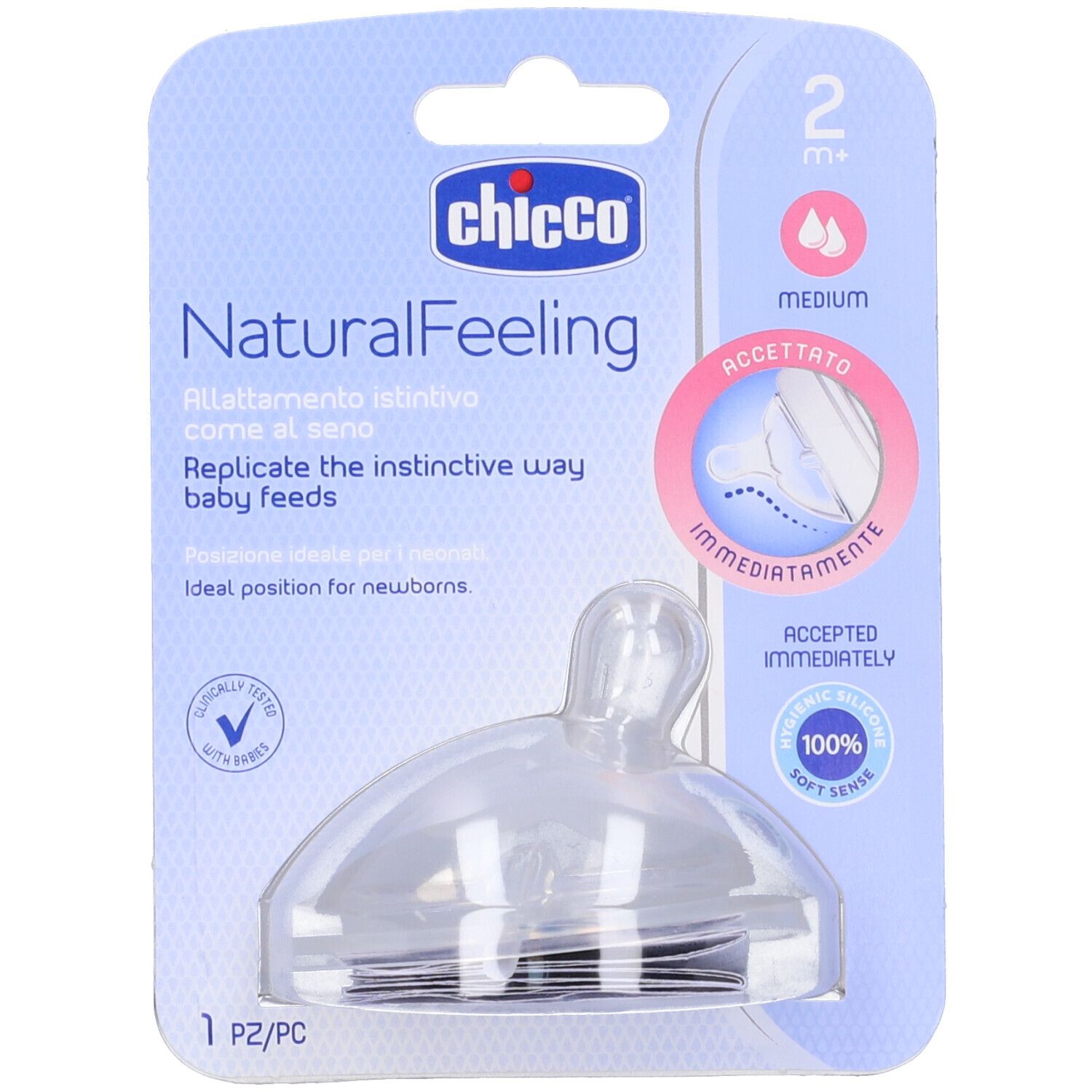 Tettarella Chicco Natural Feeling in confezione blister. Età: 2+ mesi. Flusso medio. 100% silicone. Soft Sense.