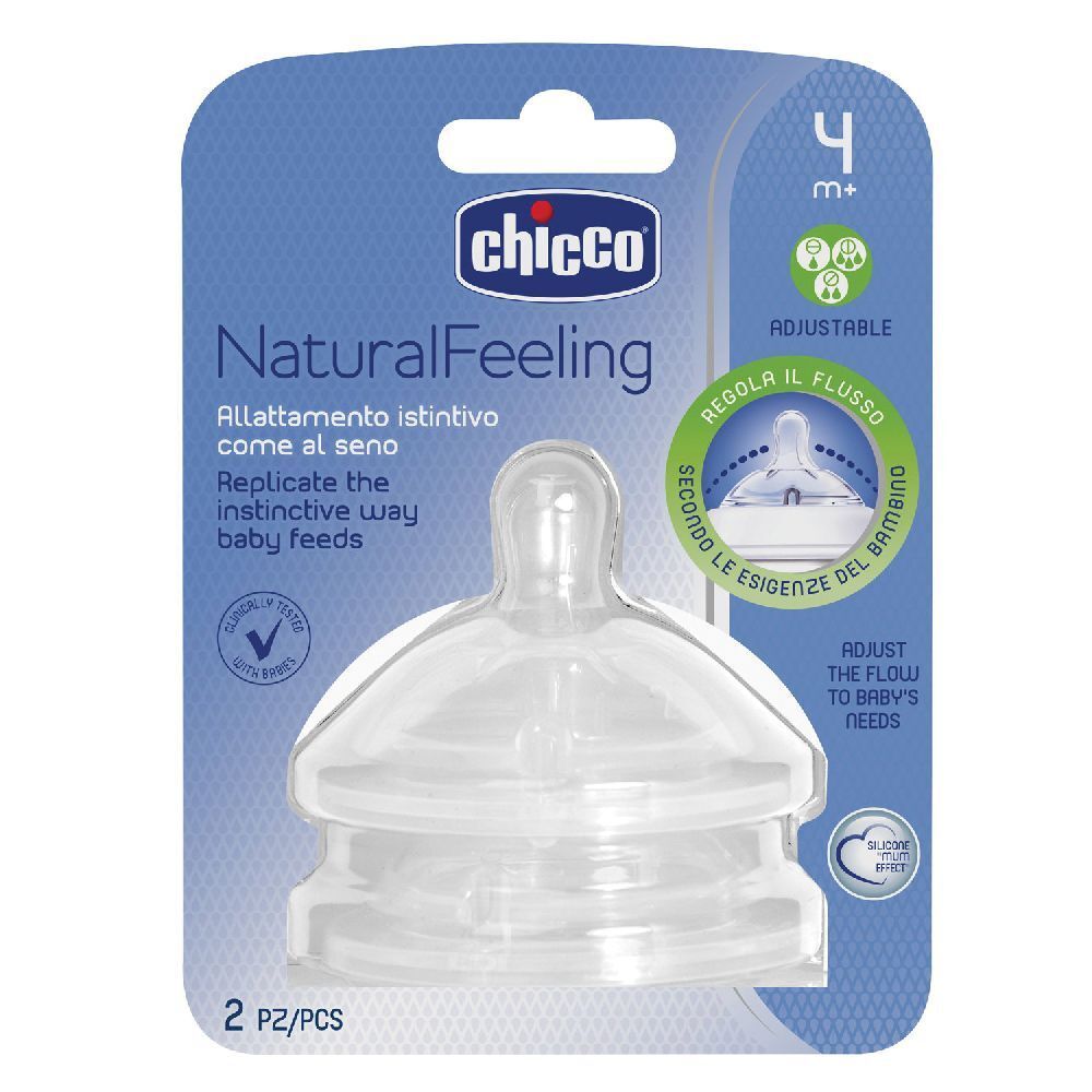 Durchsichtiger Sauger in Blisterverpackung. Aufschrift: Chicco, NaturalFeeling, 4m+. Flusso Regolabile. 2 Stück.
