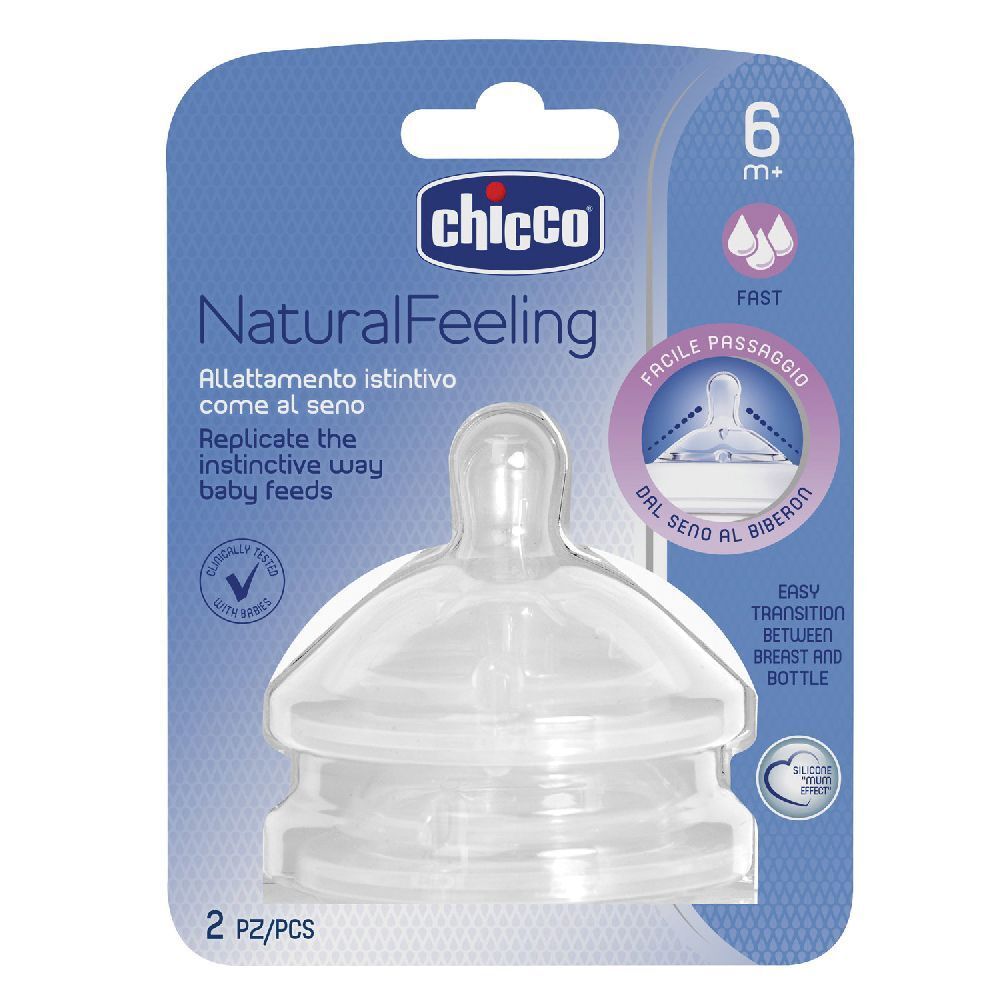 Chicco Tettarella Stepup New 6M+ Flusso Veloce. Verpackung mit zwei transparenten Saugern. Marke und Produktbezeichnung sichtbar.