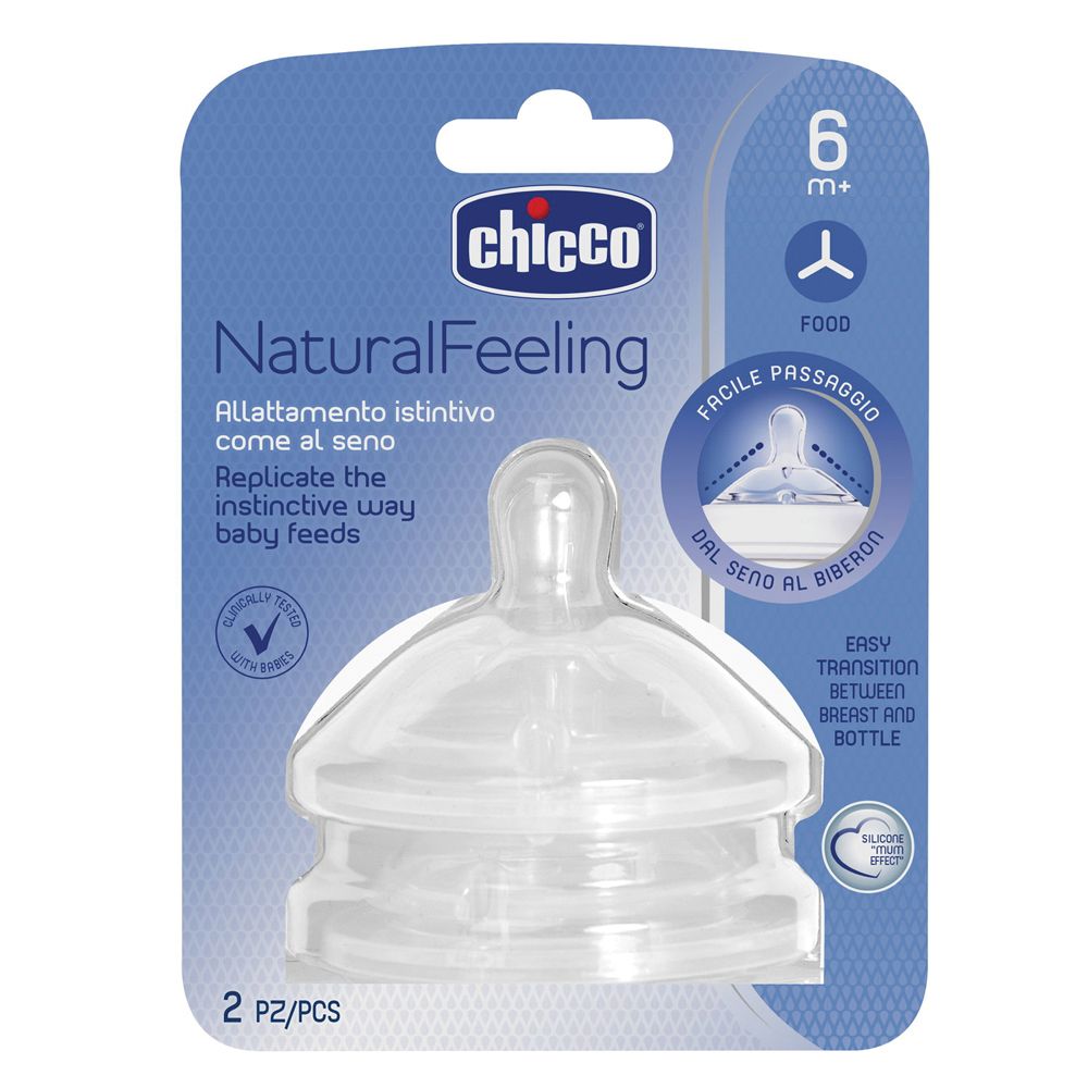 Verpackung mit zwei transparenten Saugern. Aufschrift "chicco NaturalFeeling". Geeignet für Babys ab 6 Monaten. Silikon.