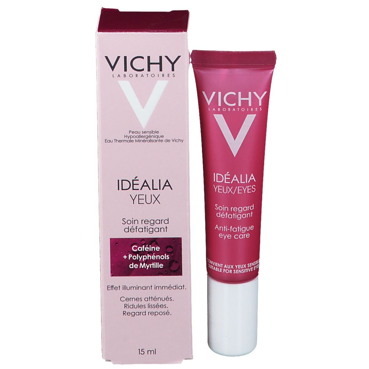 Emballage et tube. Inscription: VICHY, Idéalia, Yeux. Ingrédients: Caféine, Myrtille. 15 ml.