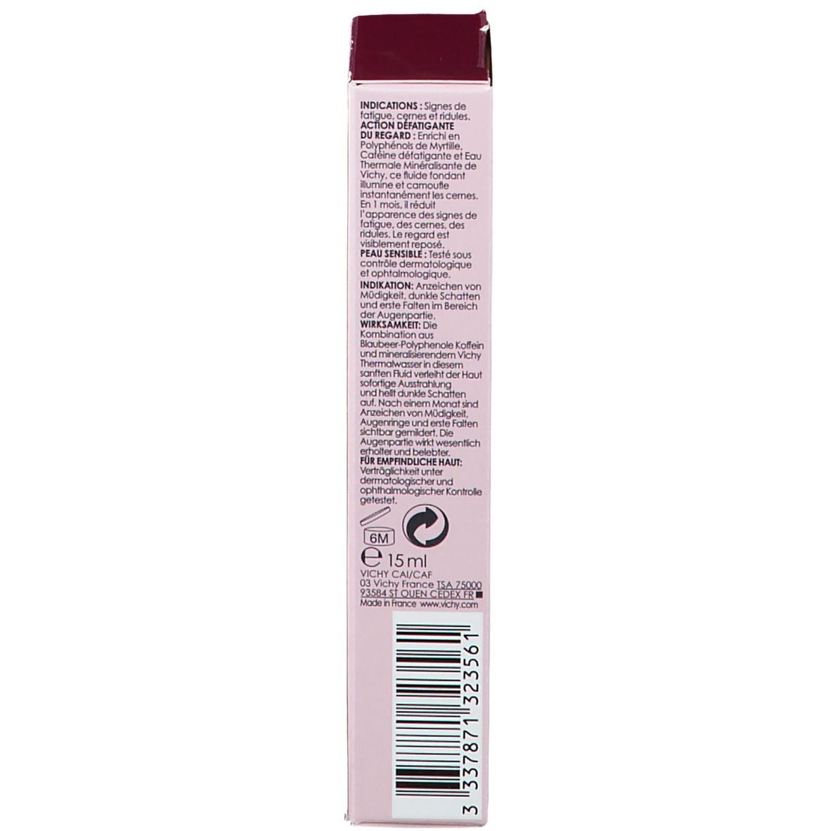 Dos de l'emballage. Inscription: Ingrédients, instructions, 15 ml. Code-barres.