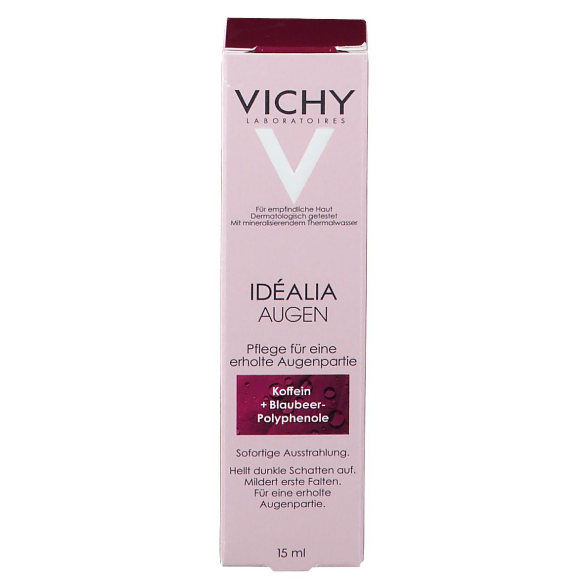 Emballage. Inscription: VICHY, Idéalia, Yeux. Ingrédients: Caféine, Myrtille. 15 ml.