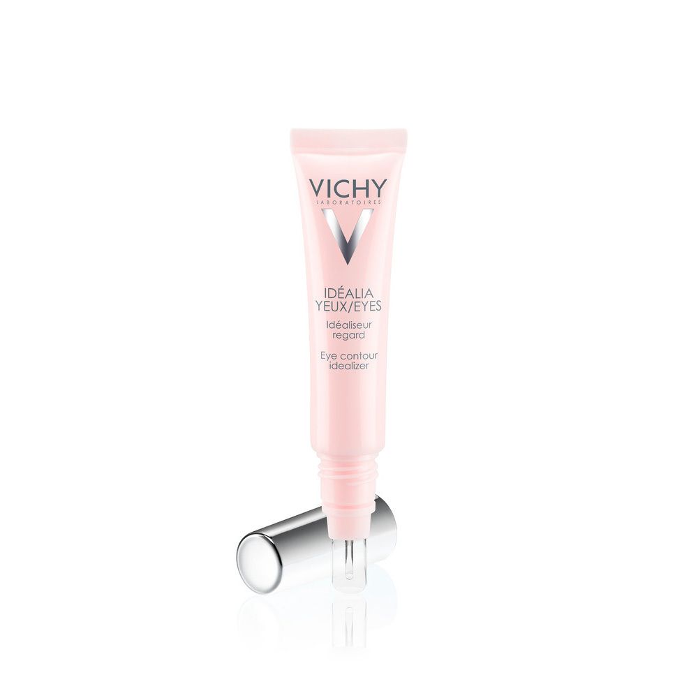 Tube rose avec applicateur. Inscription: VICHY, Idéalia, Yeux/Eyes, Soin des yeux. Applicateur en plastique transparent.