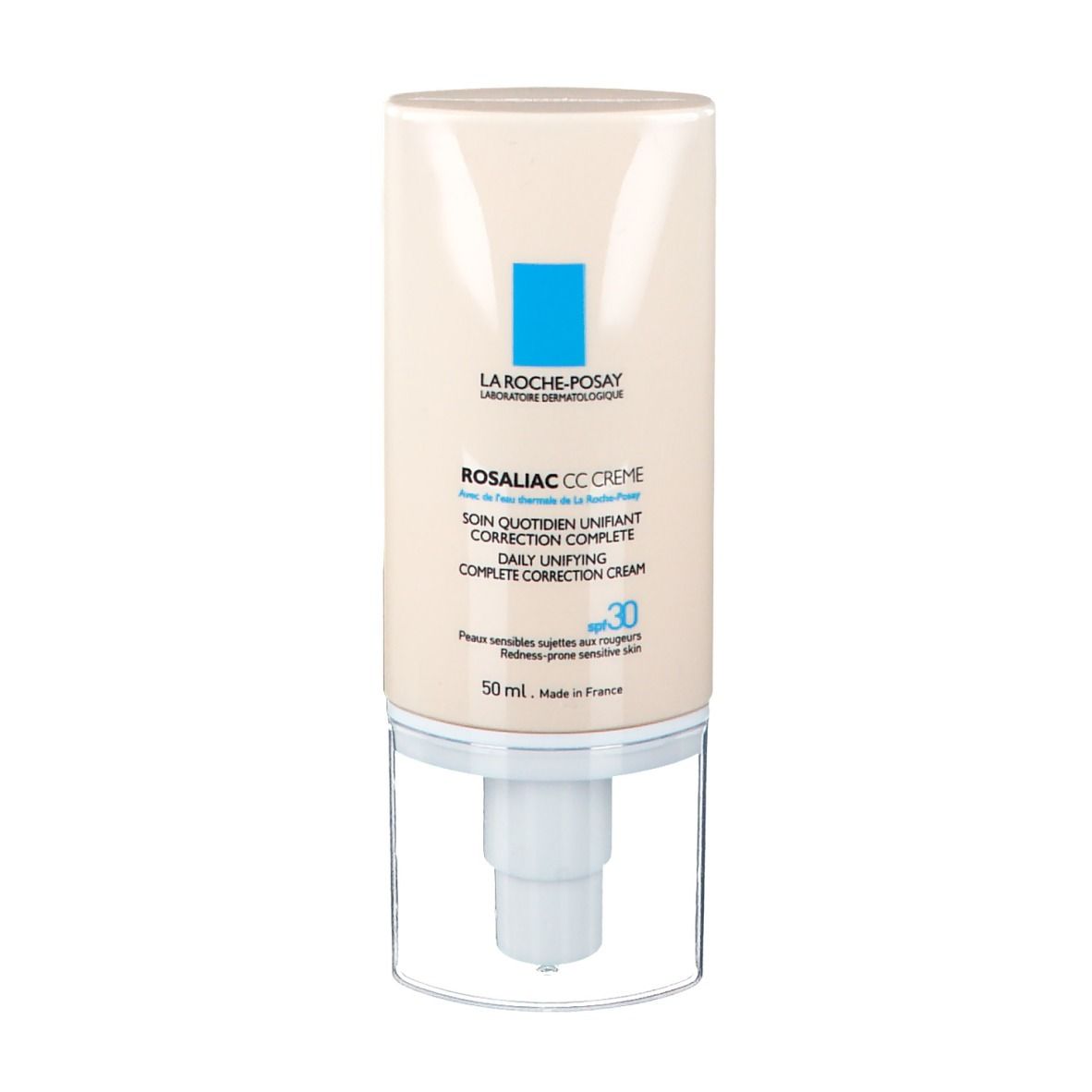Tube beige avec pompe blanche. La Roche-Posay Rosaliac CC Crème, SPF 30. Texte en français et anglais.