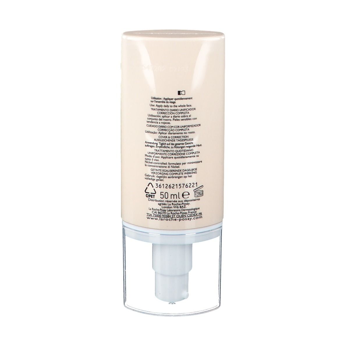 Dos du tube. Texte en plusieurs langues. Ingrédients et informations. 50 ml.