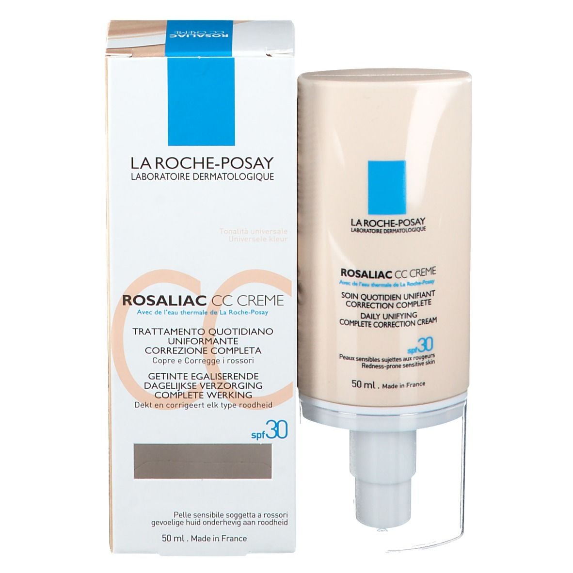 Tube et emballage. La Roche-Posay Rosaliac CC Crème. SPF 30. Texte en plusieurs langues.