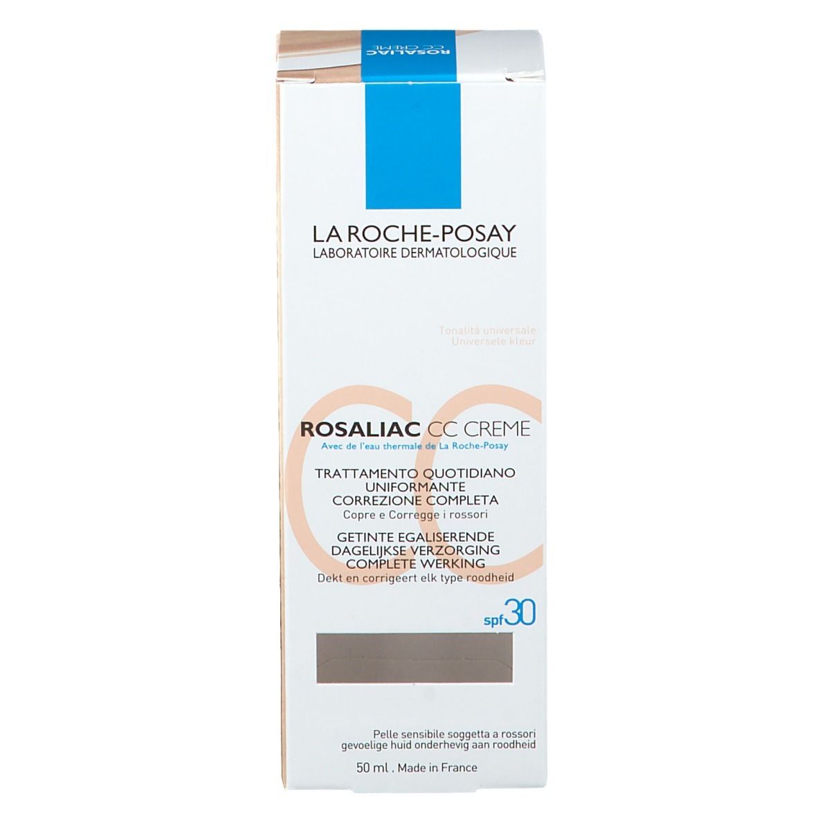 Emballage blanc avec La Roche-Posay Rosaliac CC Crème. SPF 30. Texte en plusieurs langues.