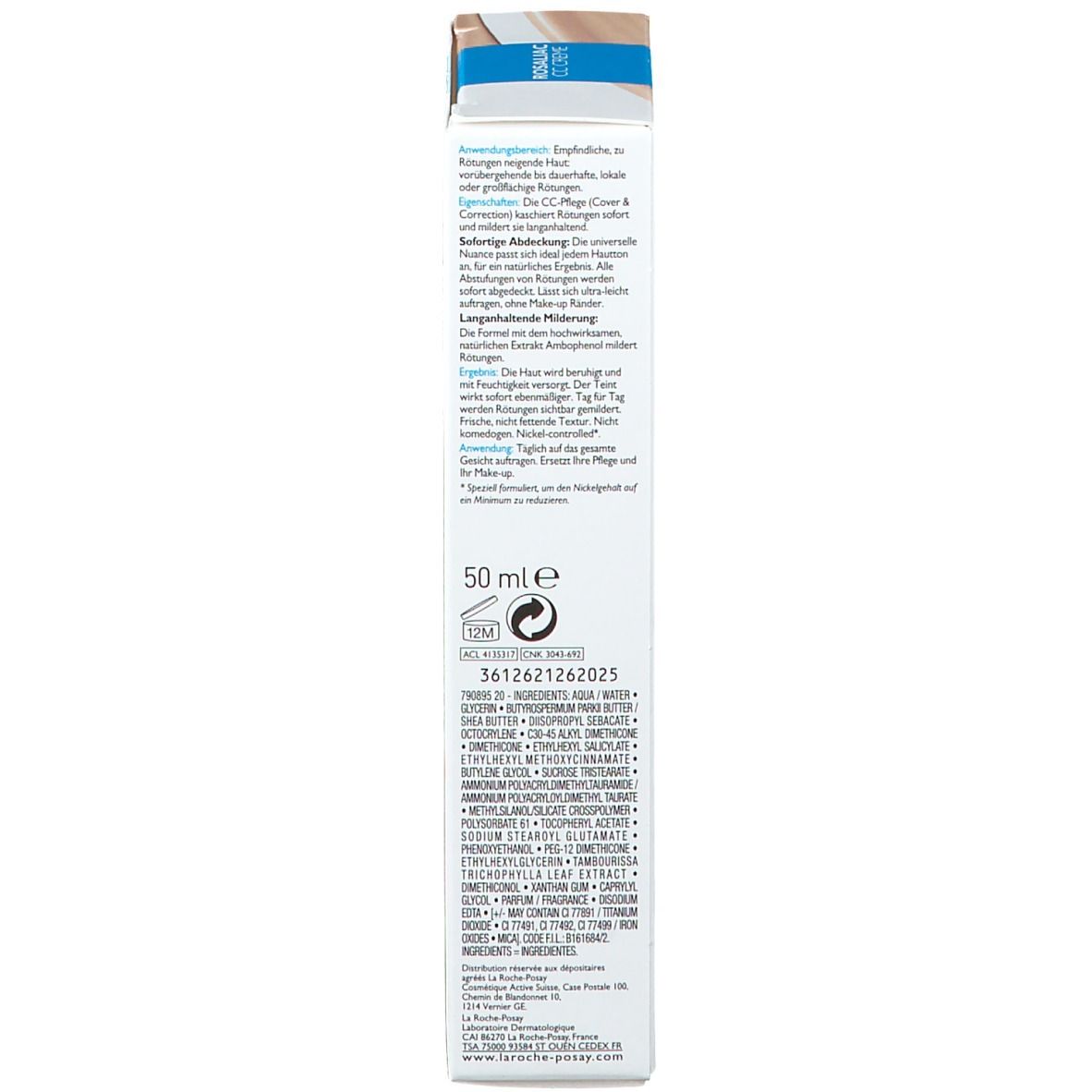 Dos de l'emballage. Texte en plusieurs langues. Ingrédients et informations. 50 ml.