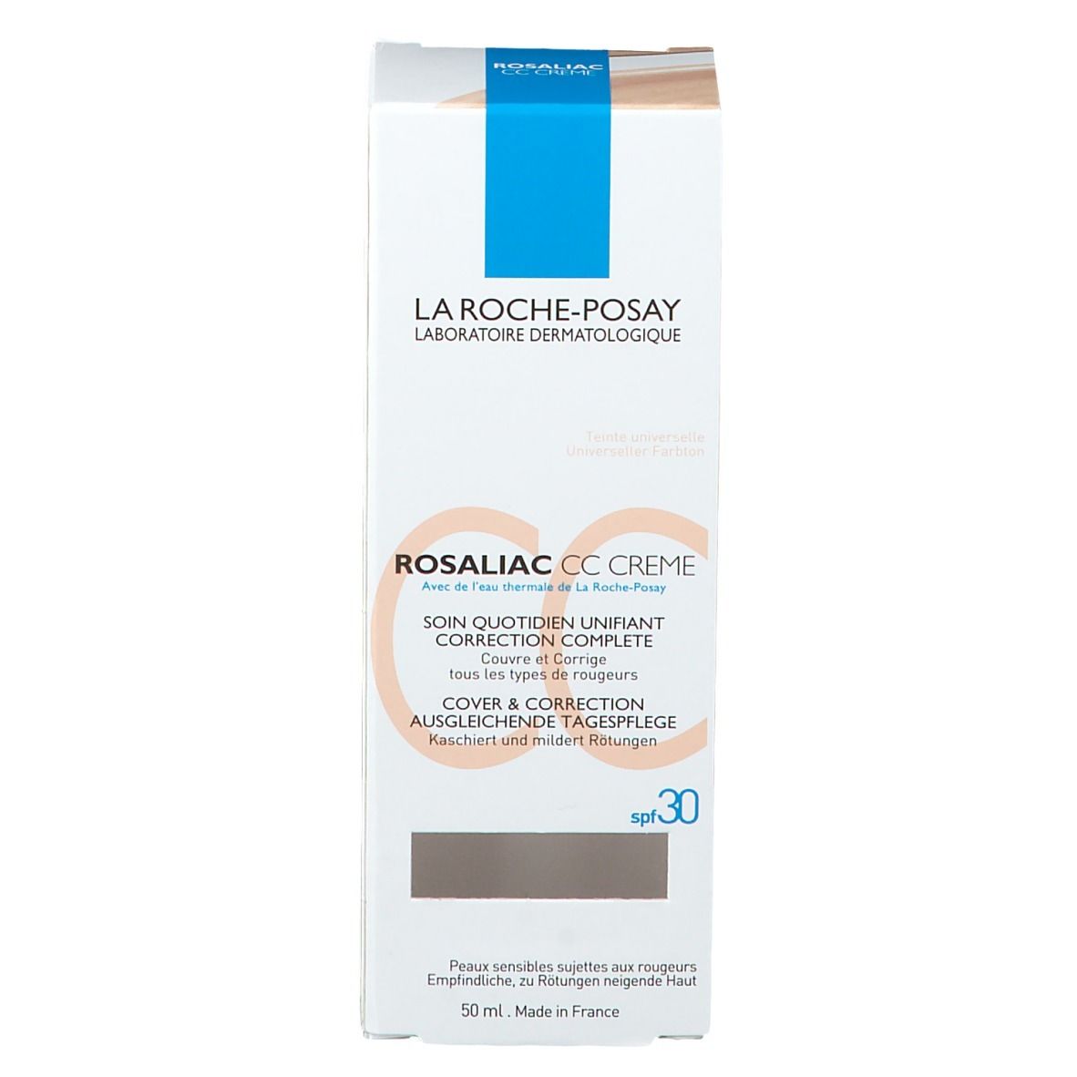 Emballage blanc avec La Roche-Posay Rosaliac CC Crème. SPF 30. Texte en plusieurs langues.