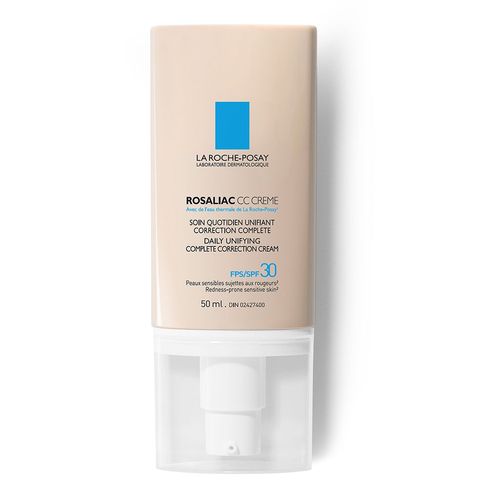 Tube beige avec pompe blanche. La Roche-Posay Rosaliac CC Crème, SPF 30. Texte en français et anglais.