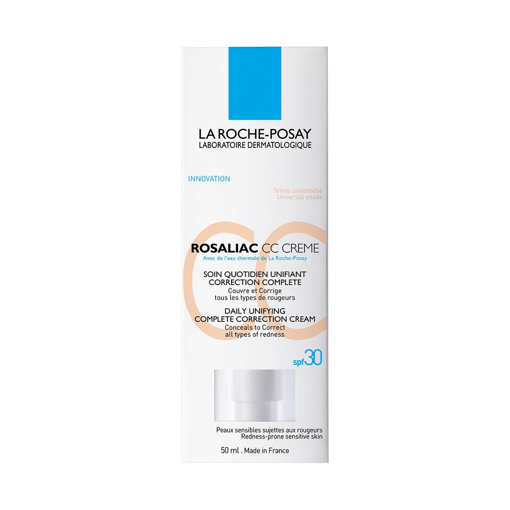 Emballage blanc avec La Roche-Posay Rosaliac CC Crème. SPF 30. Texte en français et anglais. Logo bleu.