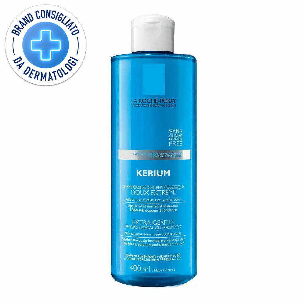Flacone blu trasparente con tappo bianco. Scritta: Kerium, Shampooing-Gel Doux Extreme. Logo: Brand Consigliato da Dermatologi.