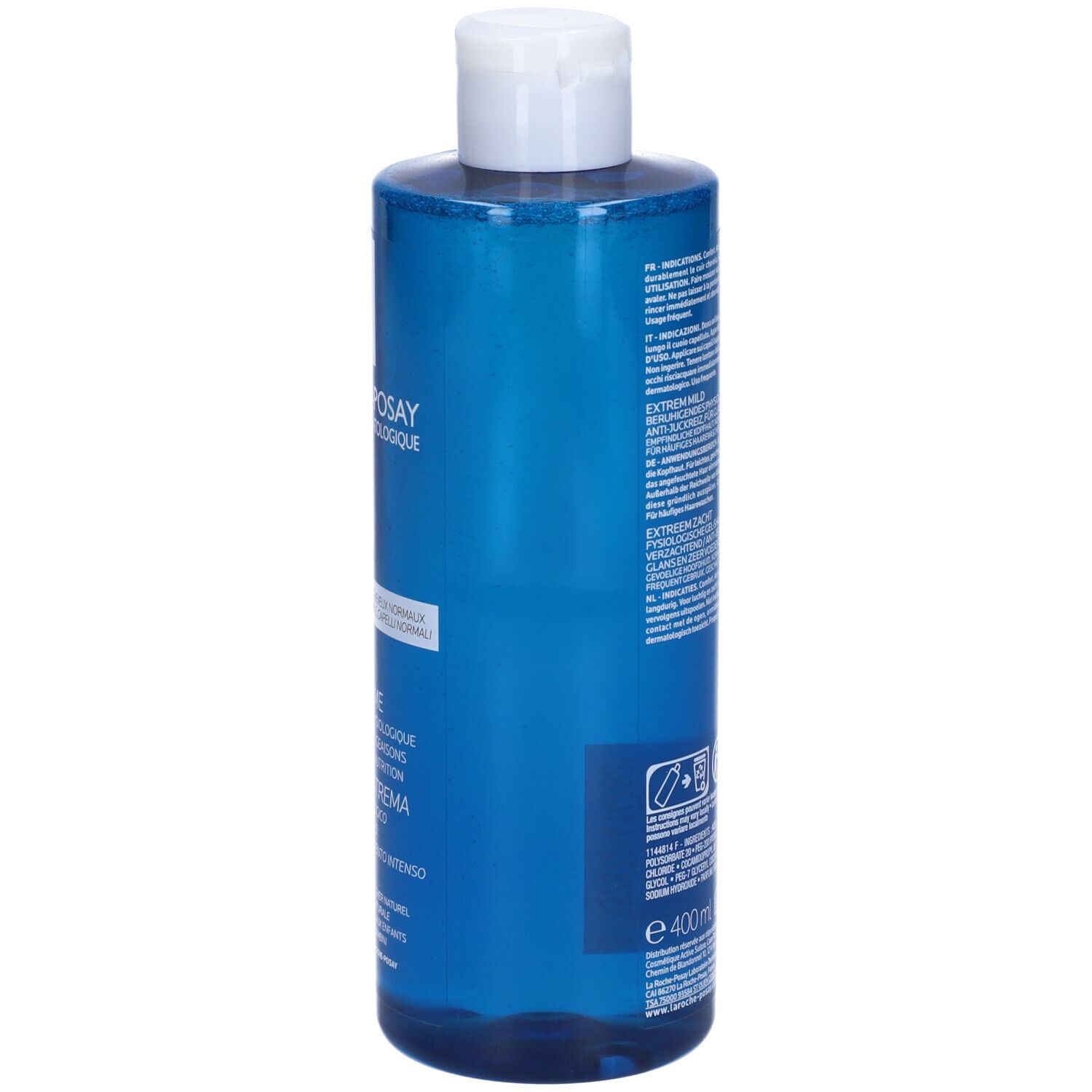 Retro di un flacone blu con tappo bianco. Testo: Kerium Doux Extreme, Shampooing-Gel Physiologique. Informazioni e ingredienti.