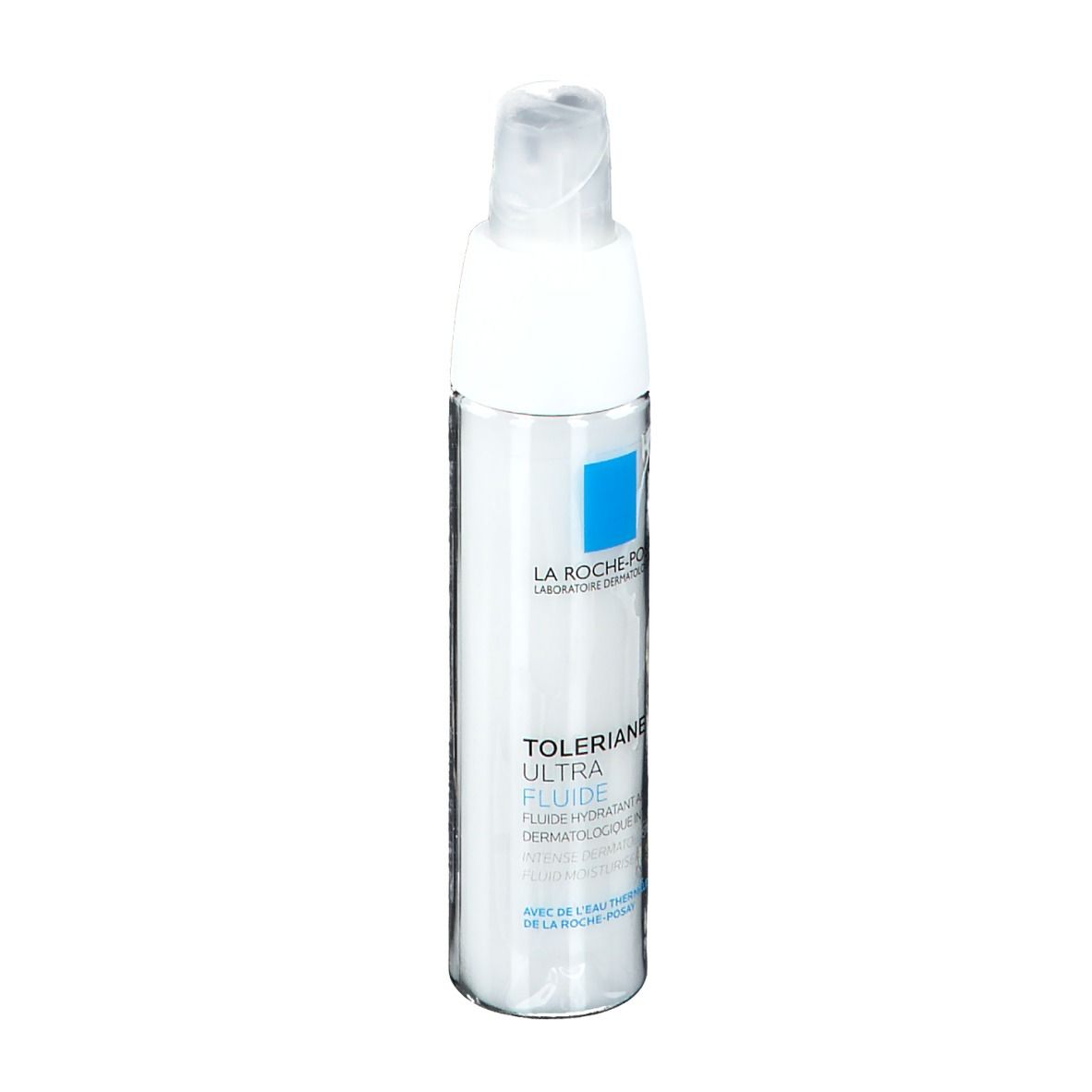 Flacone cilindrico con dosatore a pompa. Scritte: LA ROCHE-POSAY, TOLERIANE ULTRA FLUIDE. Con acqua termale.