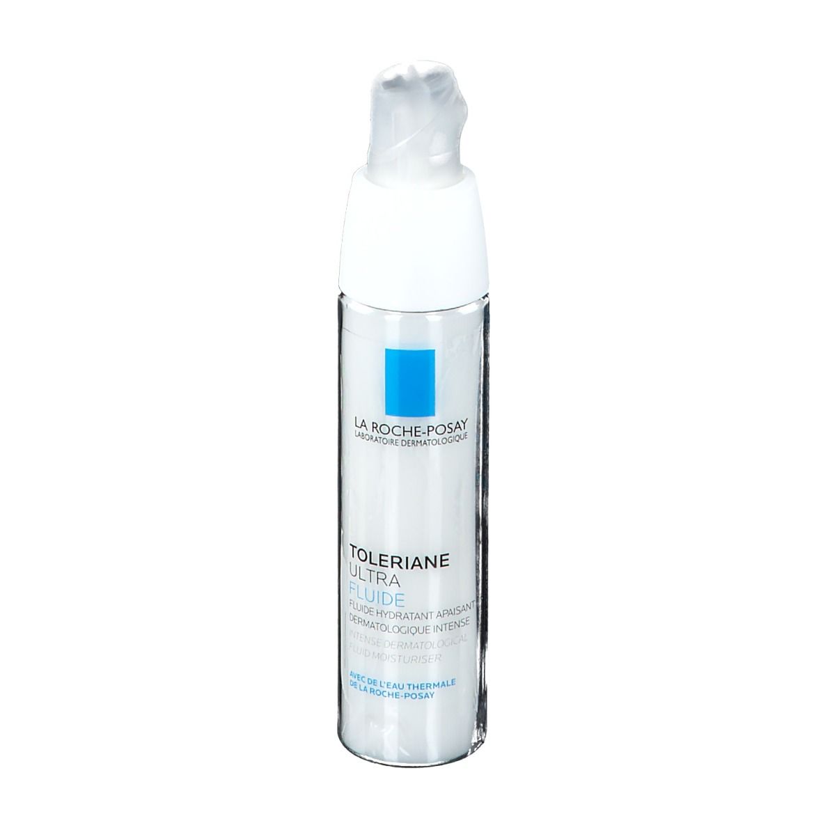 Flacone cilindrico con dosatore a pompa. Scritte: LA ROCHE-POSAY, TOLERIANE ULTRA FLUIDE. Con acqua termale.