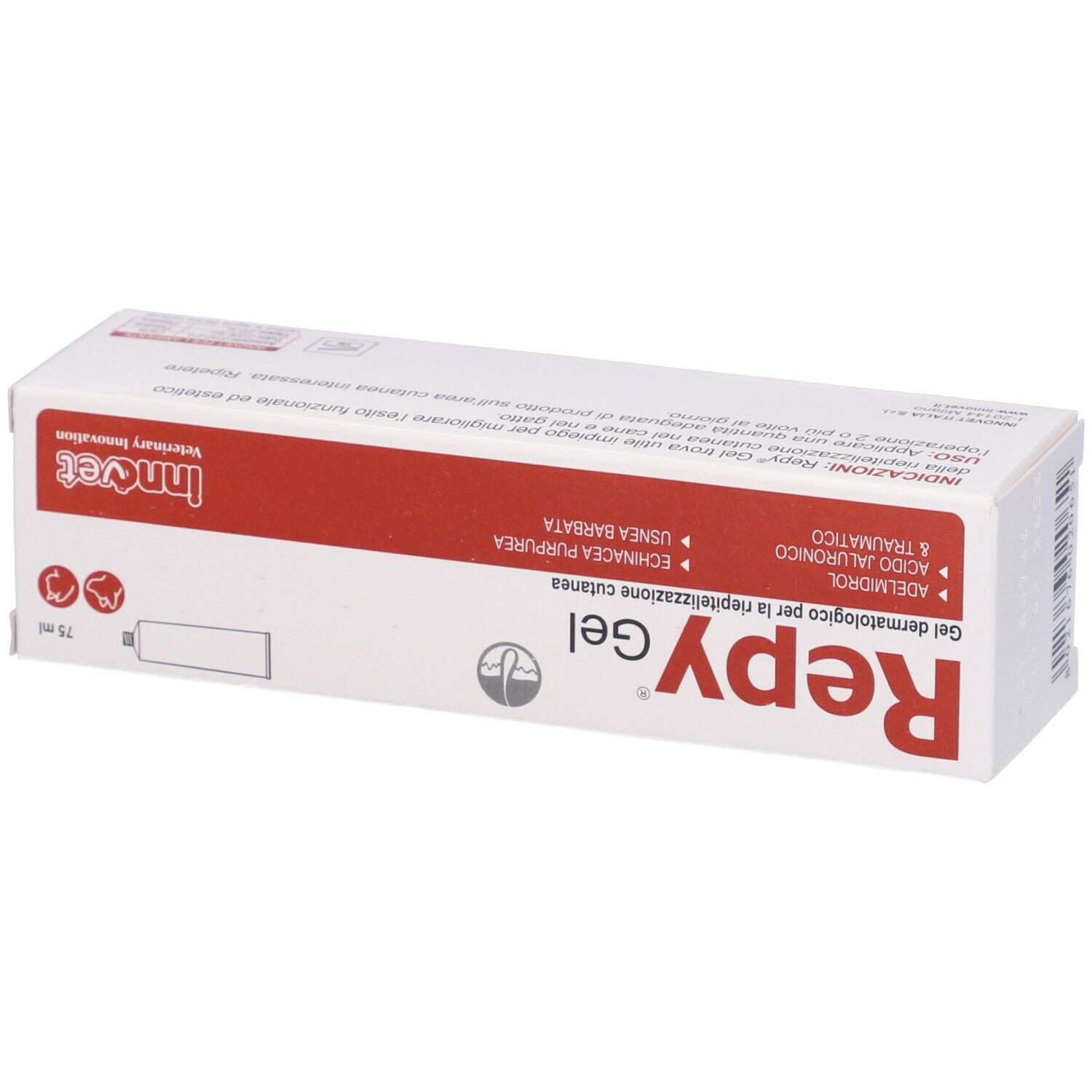 Scatola bianca con testo rosso. Scritto: Repy Gel. Ingredienti: Echinacea purpurea, Usnea barbata.