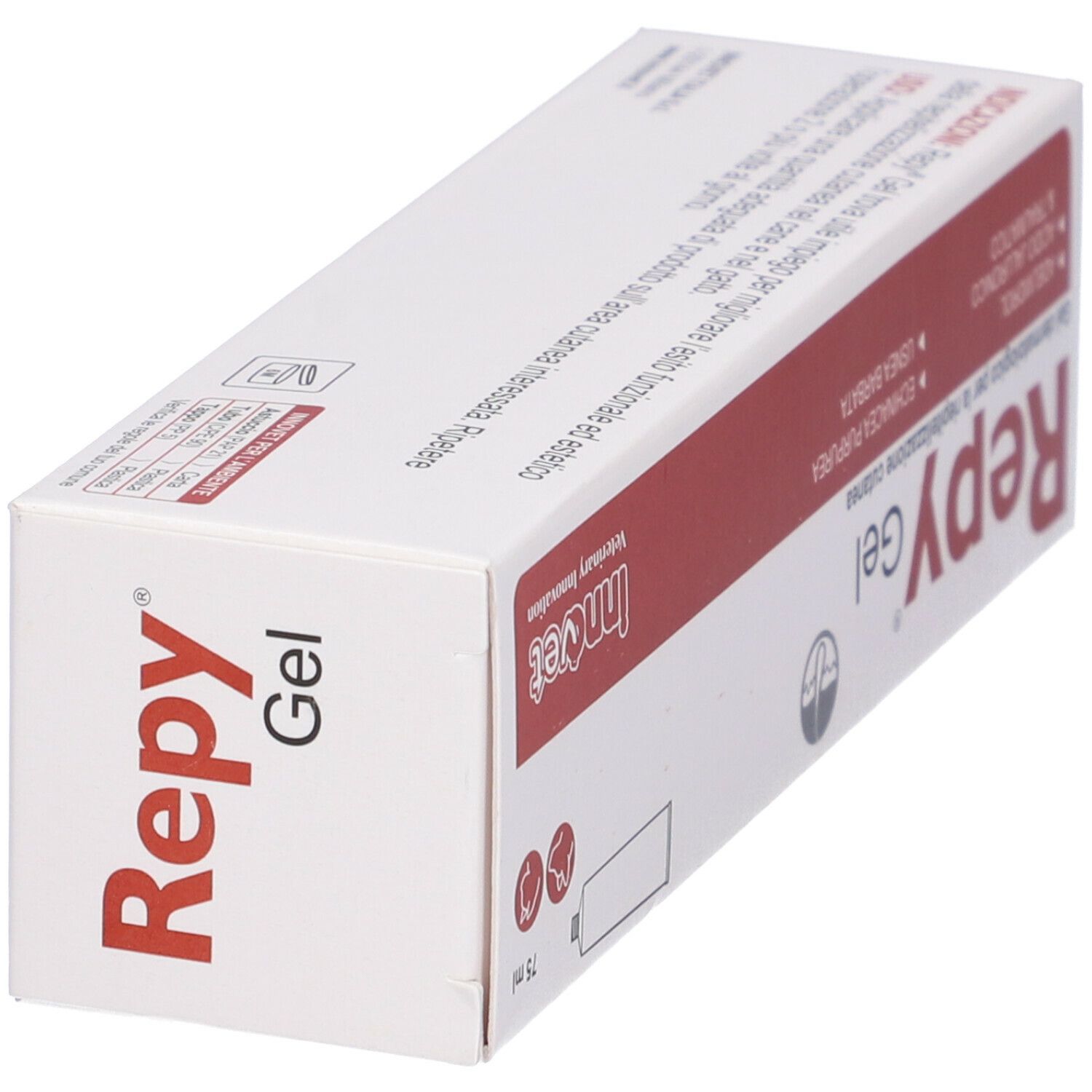 Scatola bianca inclinata con testo rosso. Scritto: Repy Gel. Marchio: Innvet.