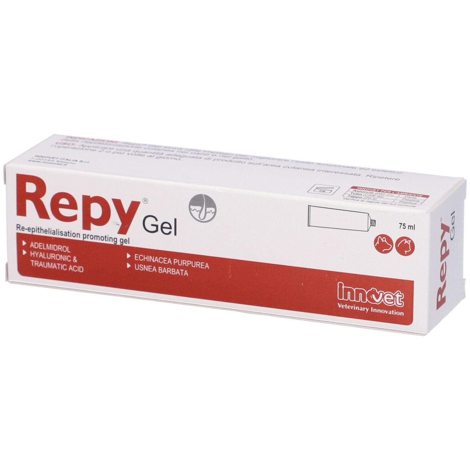 Scatola bianca con testo rosso. Scritto: Repy Gel. Ingredienti: Adelmidrol, acido ialuronico, acido traumatico.