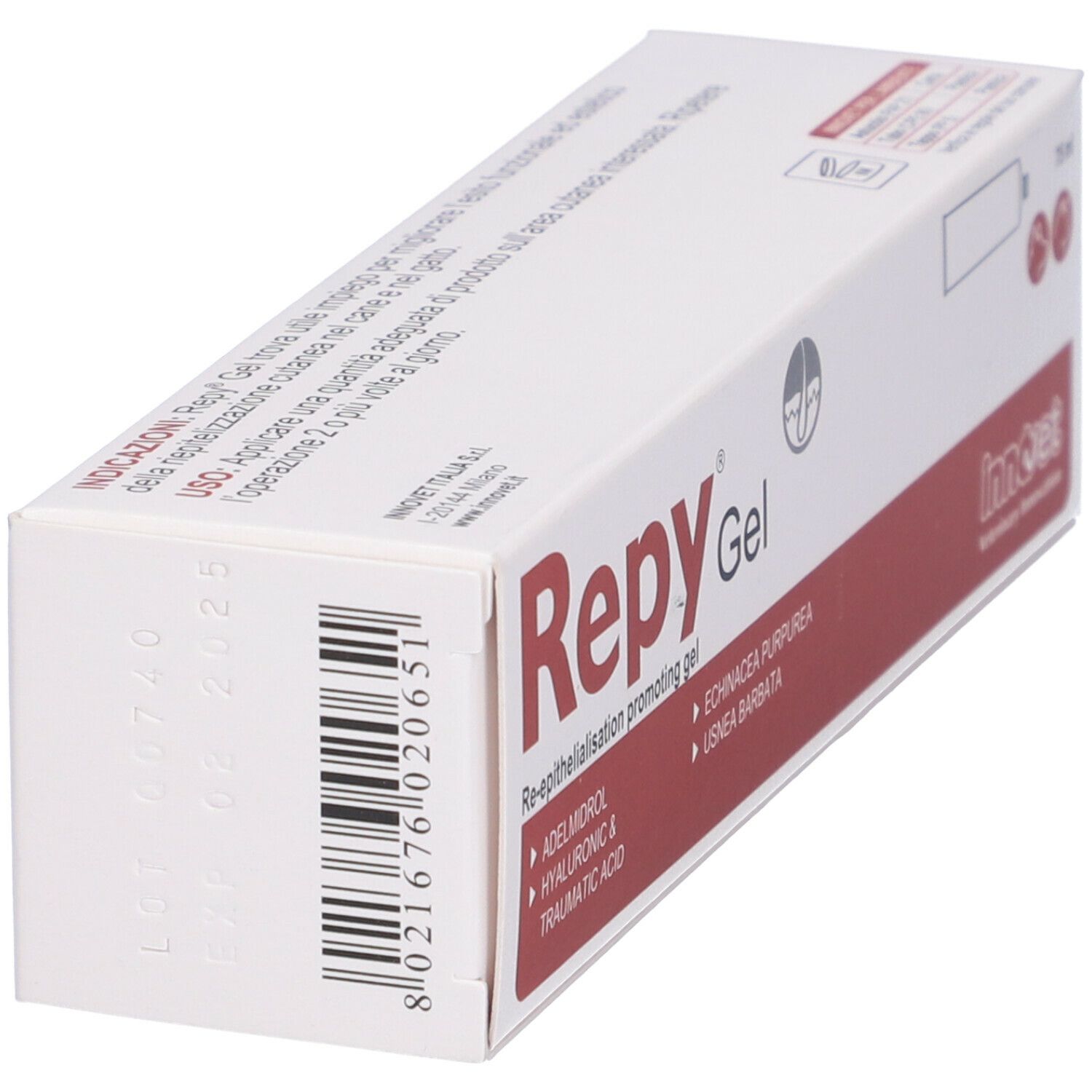 Scatola bianca con testo rosso. Scritto: Repy Gel. Marchio: Innvet. Codice a barre e data di scadenza.