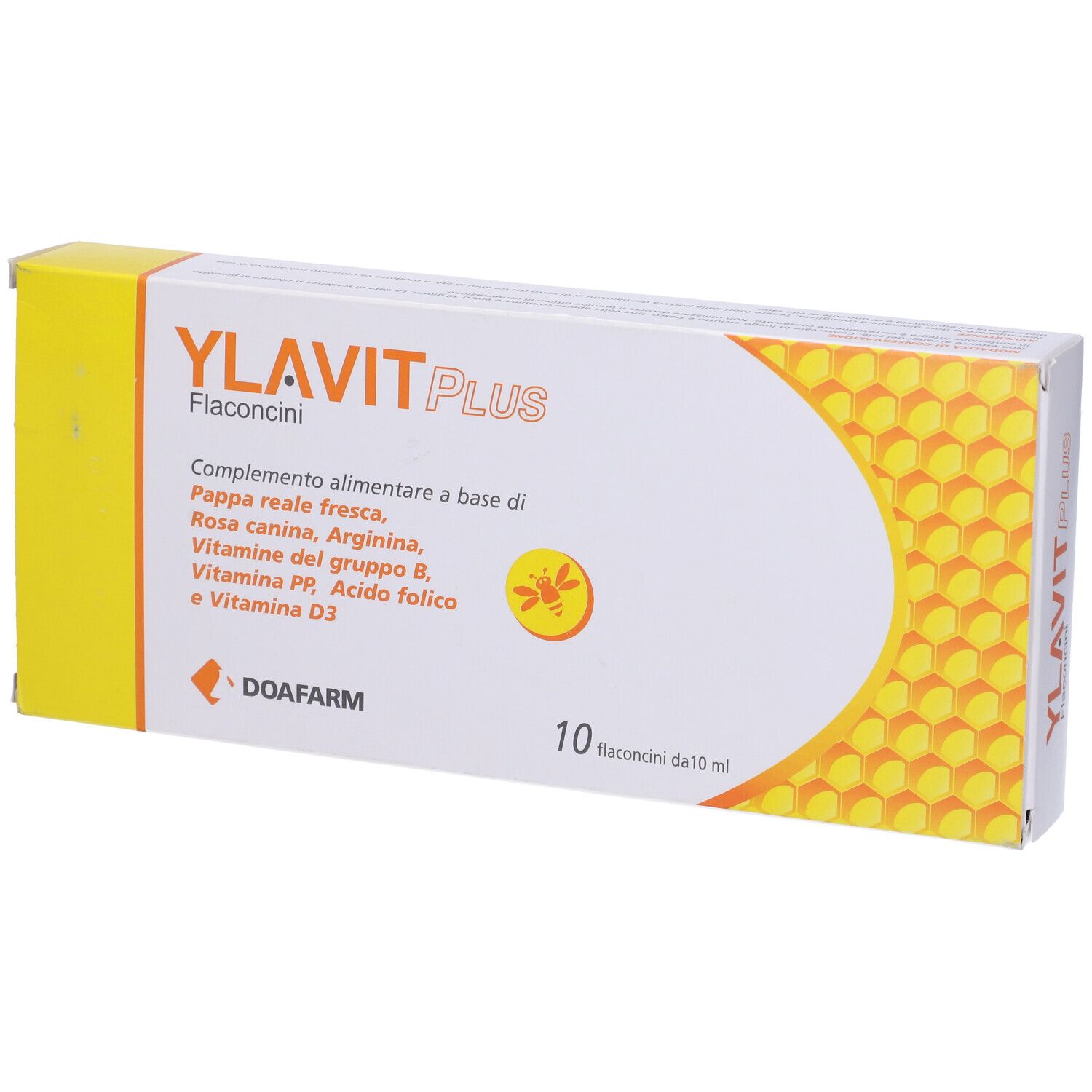 Confezione di Ylavit Plus. Scatola bianca e gialla. Contiene 10 flaconcini.