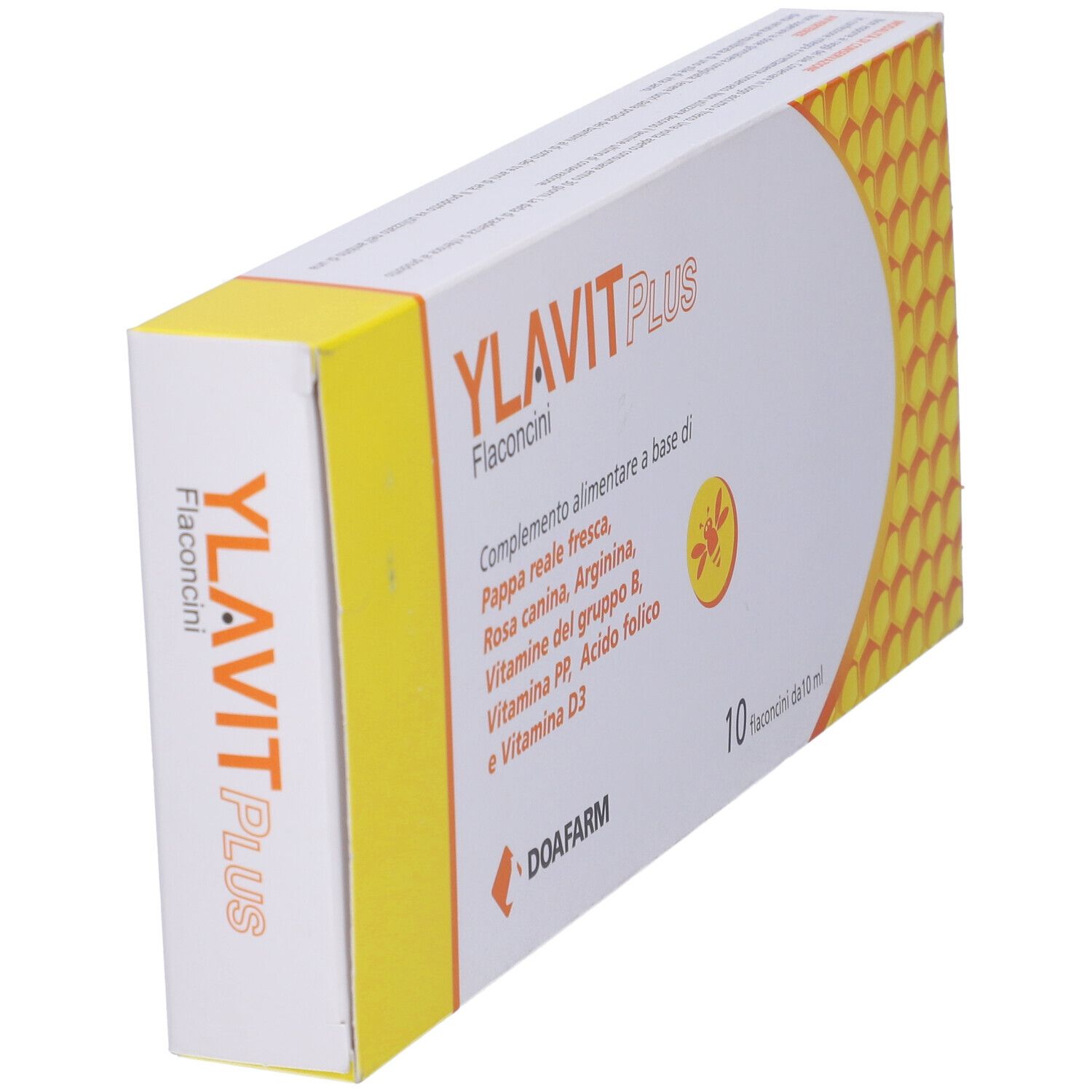 Confezione di Ylavit Plus. Scatola bianca e gialla. Contiene 10 flaconcini.
