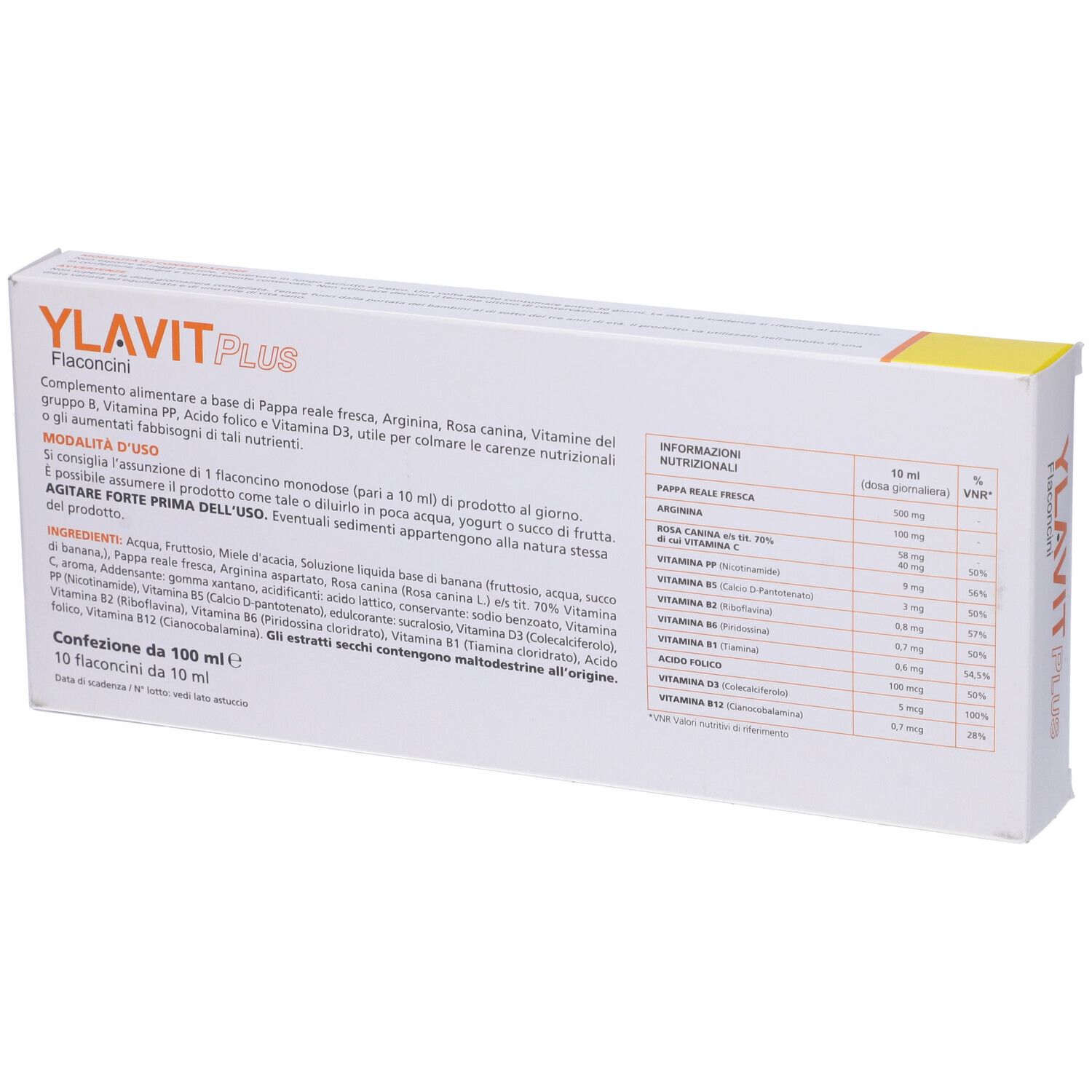Retro della confezione di Ylavit Plus. Contiene informazioni e valori nutrizionali.
