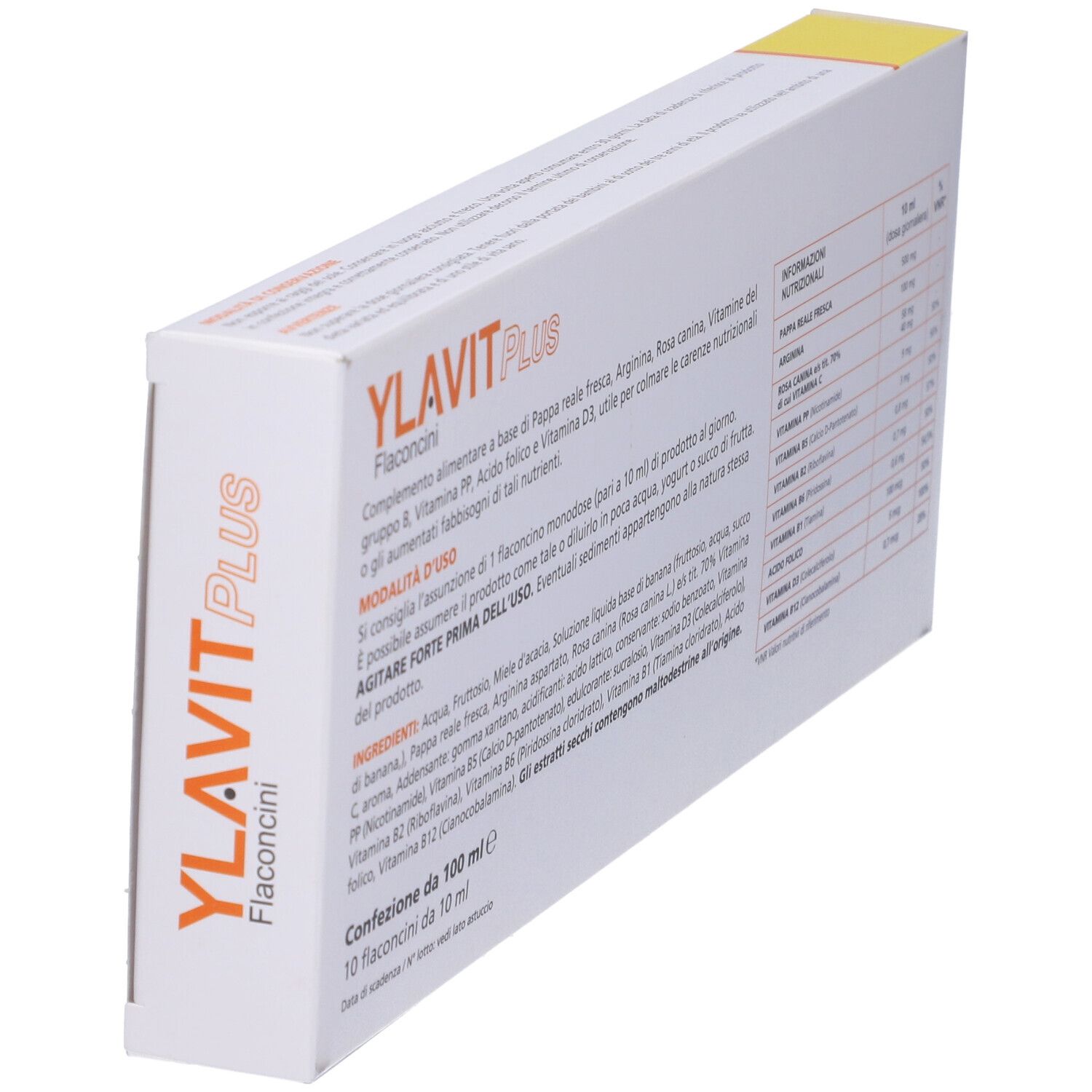 Confezione di Ylavit Plus. Contiene informazioni e valori nutrizionali.