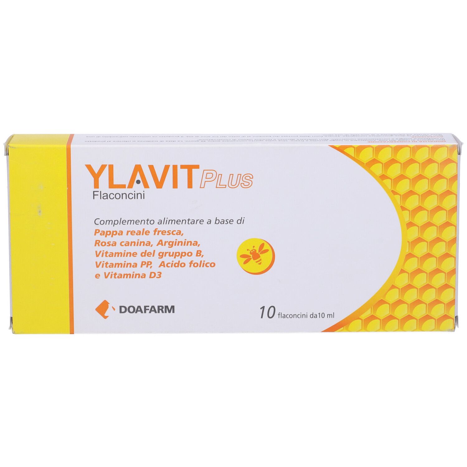 Confezione di Ylavit Plus. Scatola bianca e gialla. Contiene 10 flaconcini.