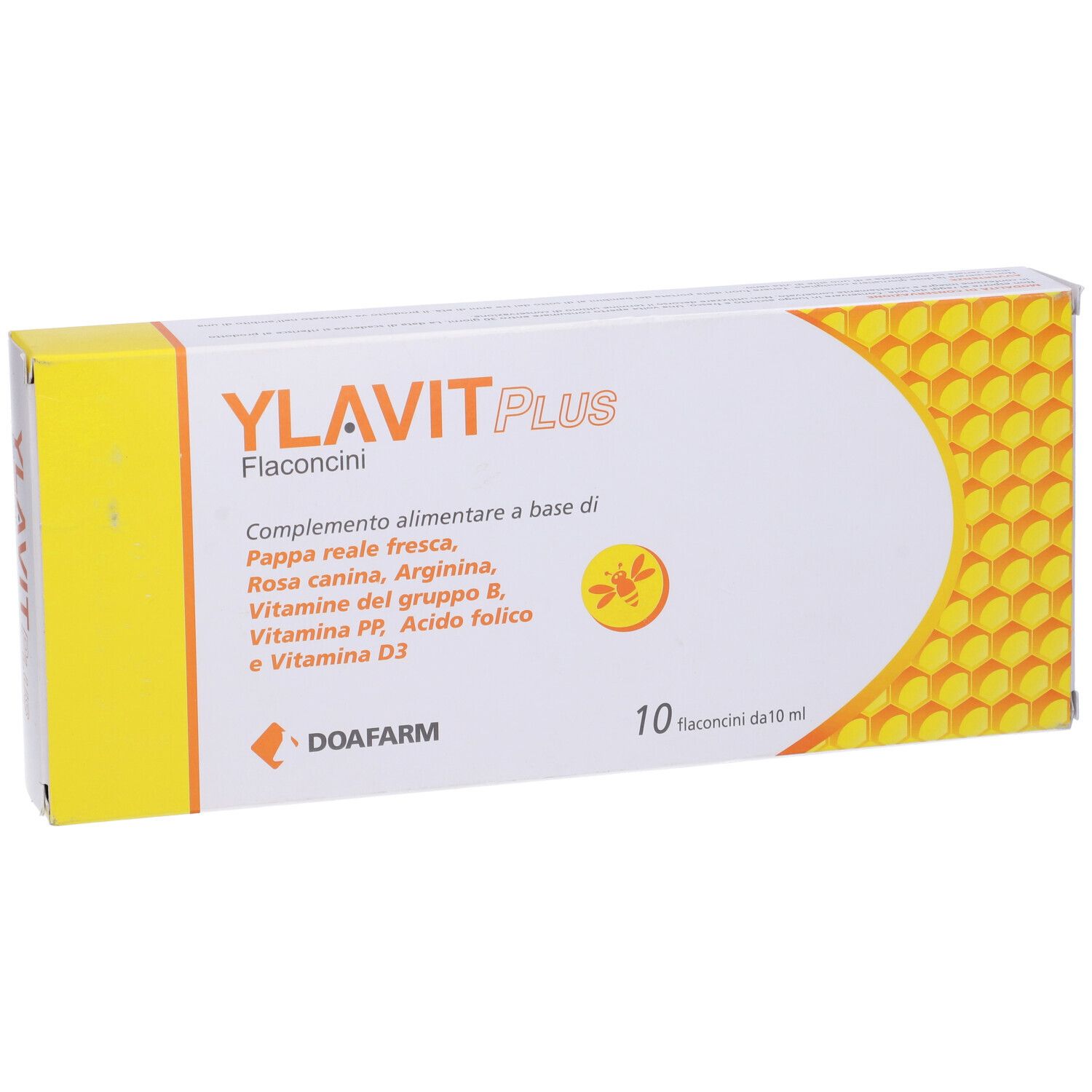 Confezione di Ylavit Plus. Scatola bianca e gialla. Contiene 10 flaconcini.