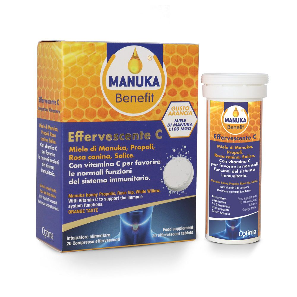 Manuka Benefit Effervescente C Packung und Röhrchen mit Brausetabletten.