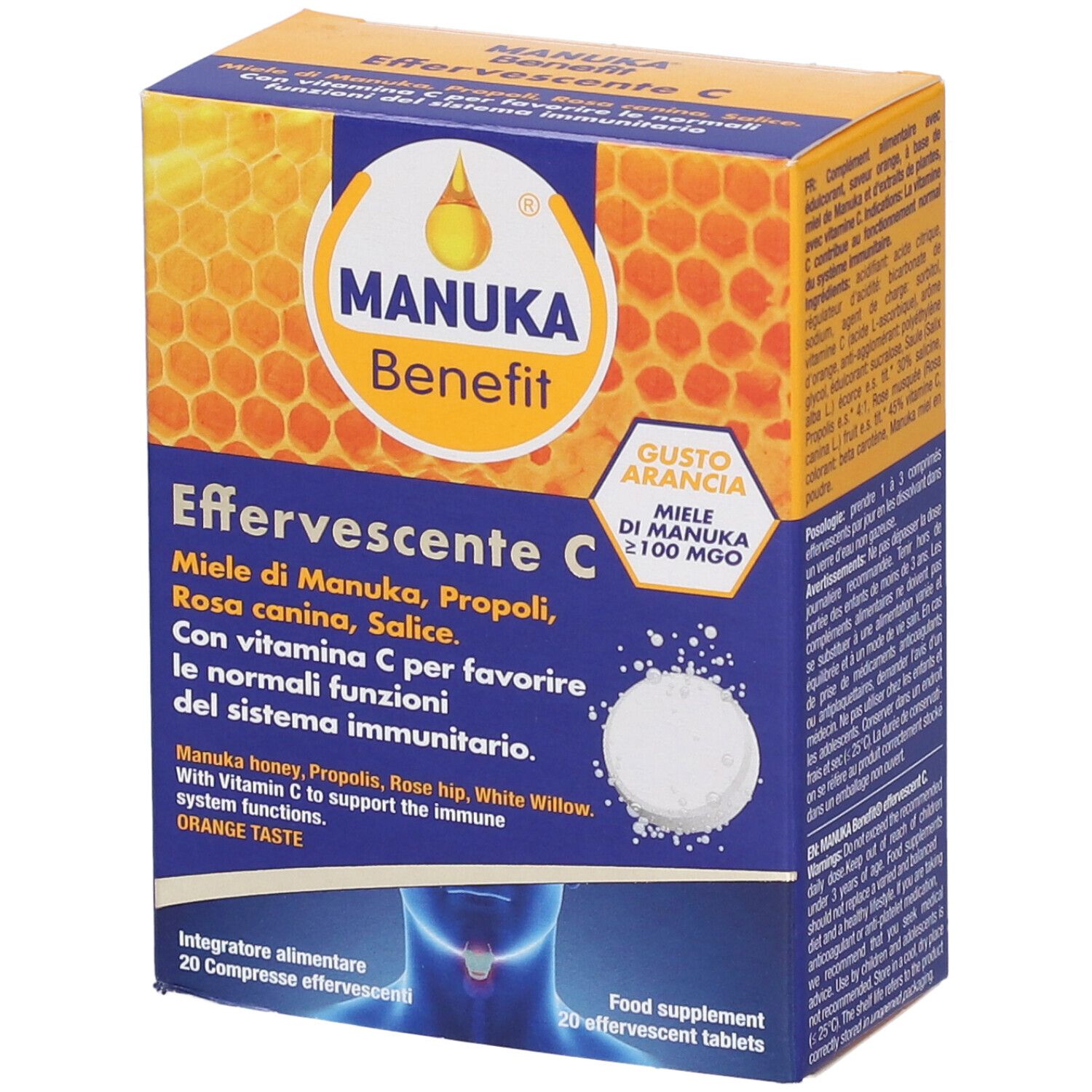 Manuka Benefit Effervescente C-Verpackung. Enthält Brausetabletten. Orangefarbenes Design mit Produktnamen und Inhaltsstoffen.