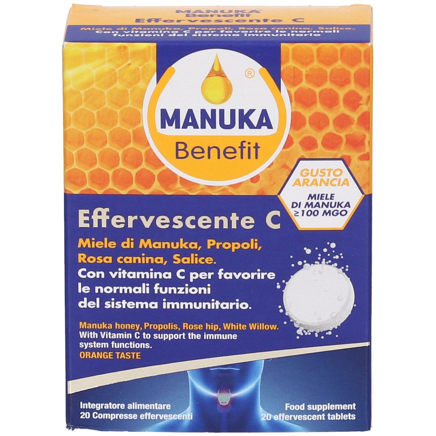 Manuka Benefit Effervescente C-Verpackung. Vorderansicht. Brausetablette sichtbar. Orangefarbenes Design.