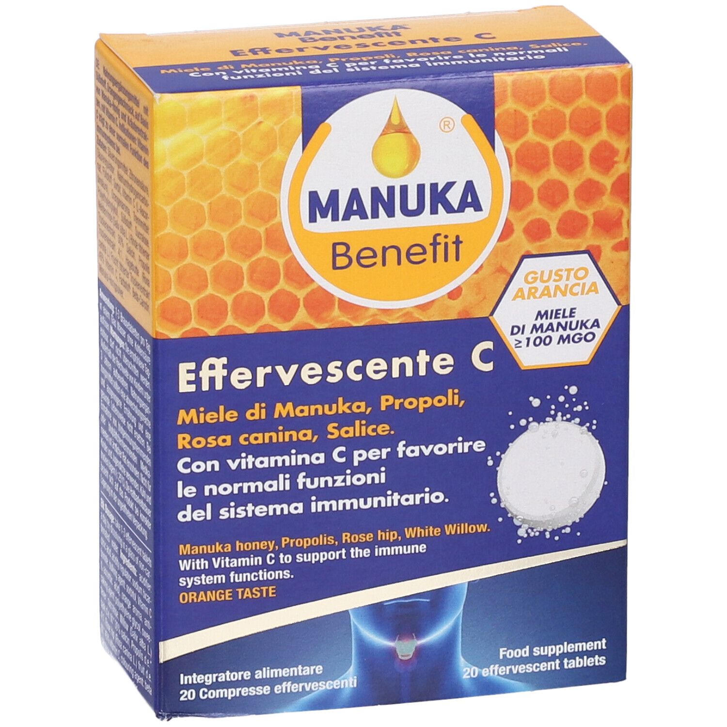 Manuka Benefit Effervescente C-Verpackung. Vorderansicht. Brausetablette sichtbar. Orangefarbenes Design.