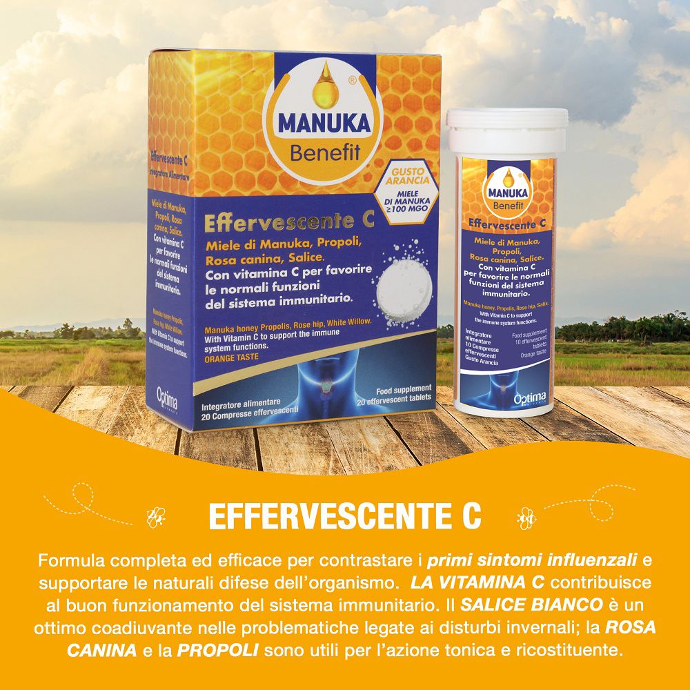 Manuka Benefit Effervescente C Packung und Röhrchen mit Brausetabletten im Freien.