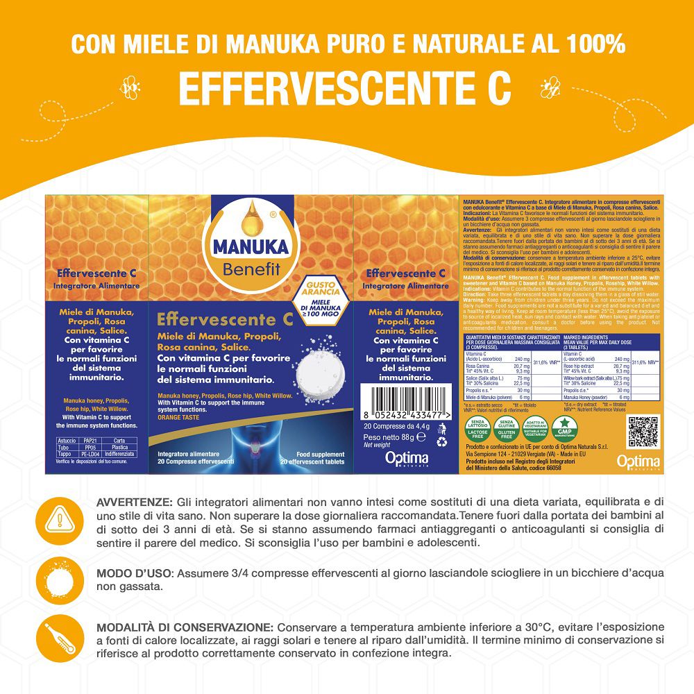 Rückseite der Manuka Benefit Effervescente C Packung mit Zutatenliste.